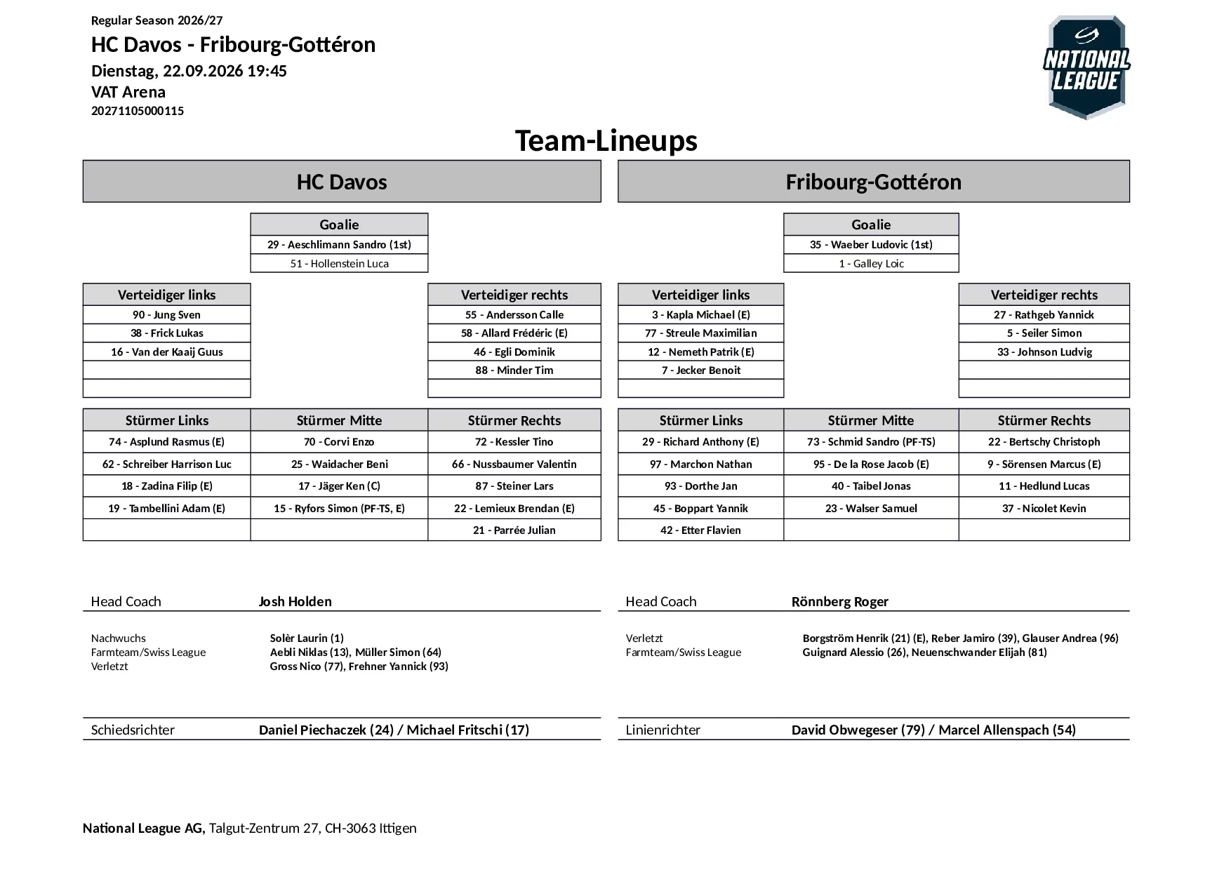 Formation des équipes et joueurs indisponibles pour le match HC Davos vs Fribourg-Gottéron