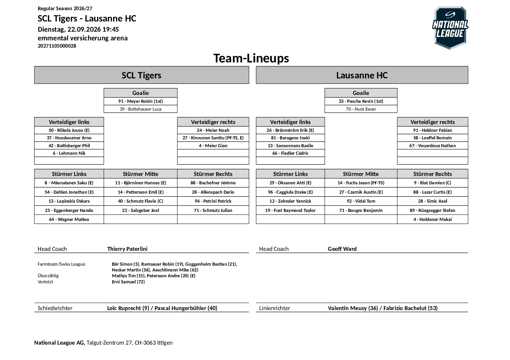 Formation des équipes et joueurs indisponibles pour le match SCL Tigers vs Lausanne HC