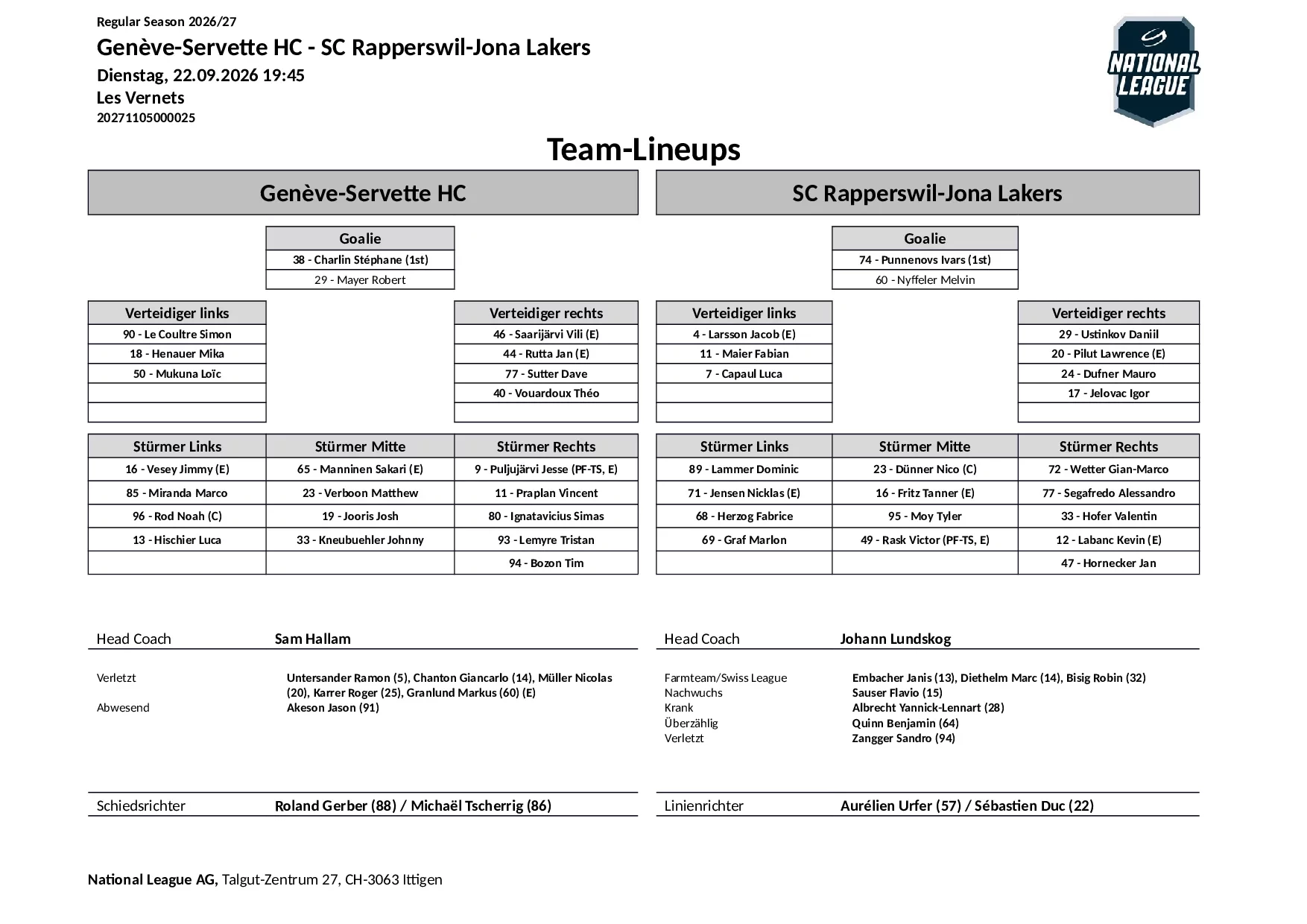 Formation des équipes et joueurs indisponibles pour le match Genève-Servette HC vs SC Rapperswil-Jona Lakers