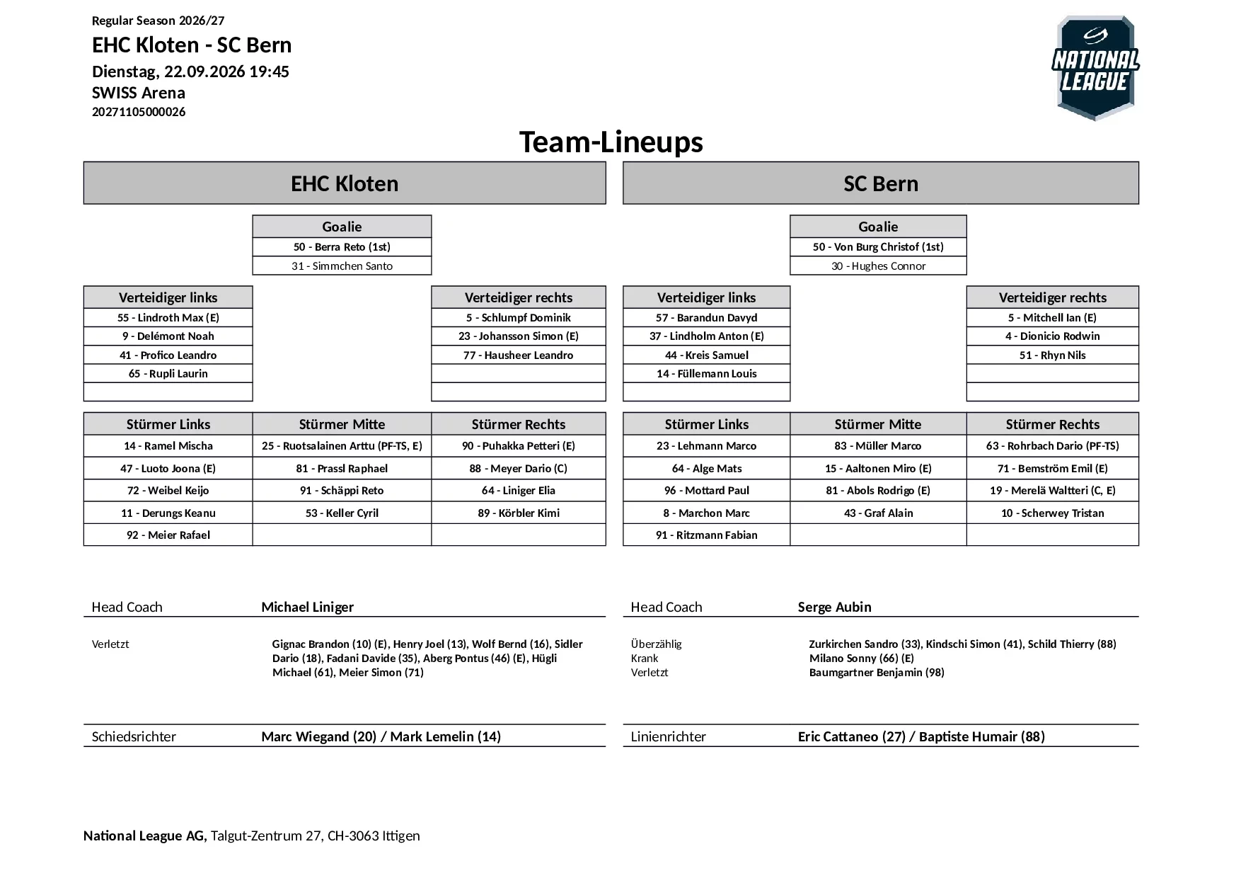 Formation des équipes et joueurs indisponibles pour le match EHC Kloten vs SC Bern