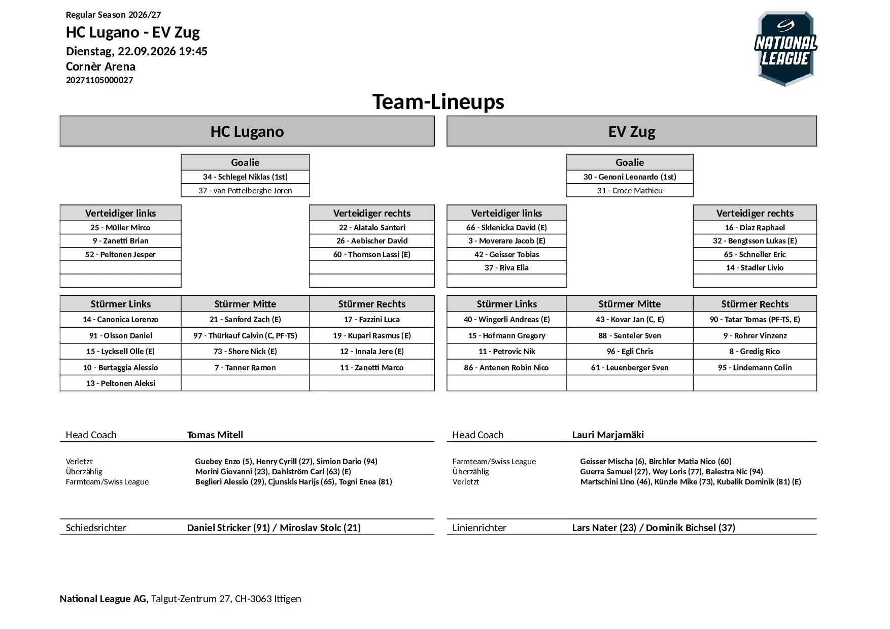 Formation des équipes et joueurs indisponibles pour le match HC Lugano vs EV Zug