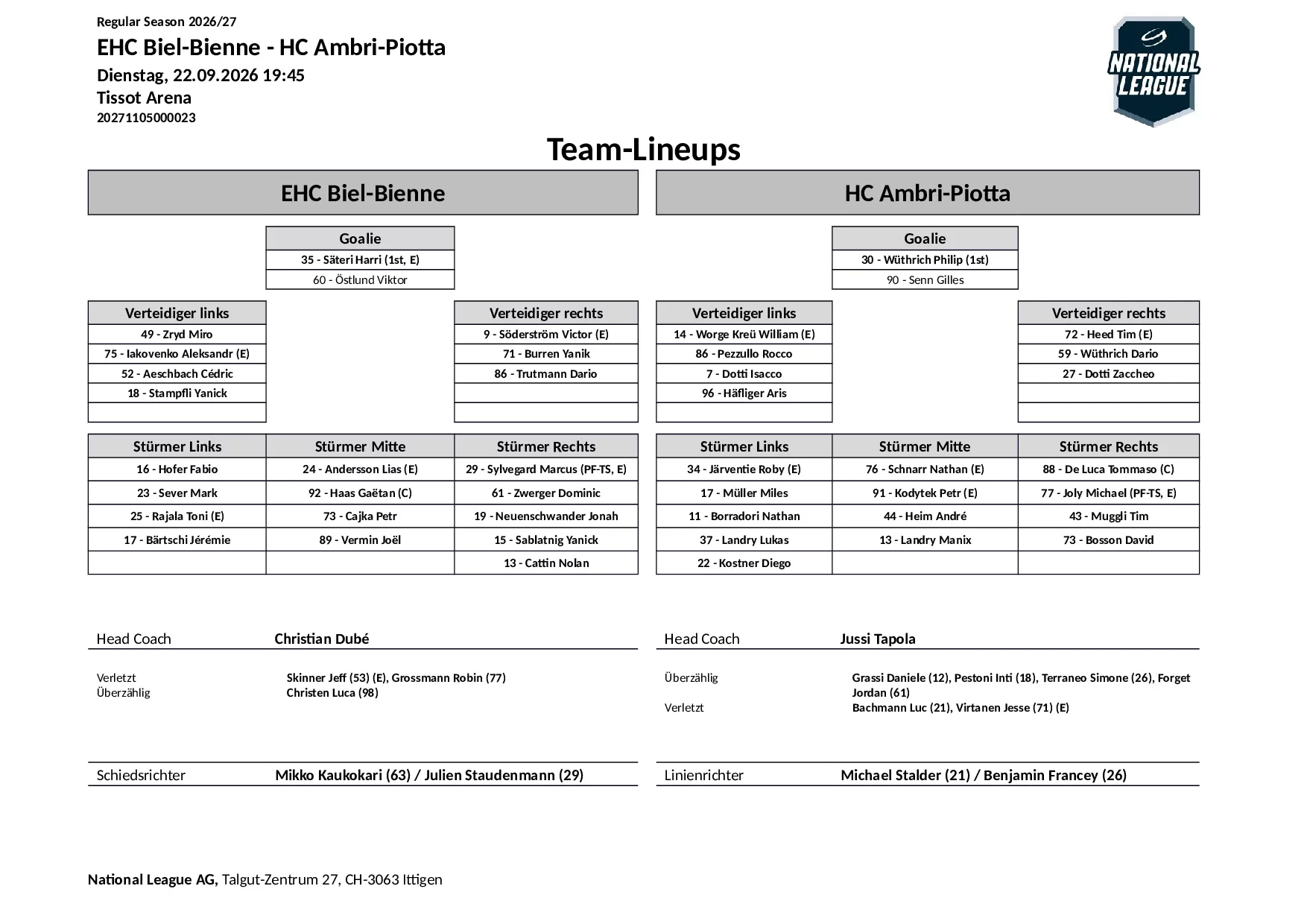 Formation des équipes et joueurs indisponibles pour le match EHC Biel-Bienne vs HC Ambri-Piotta