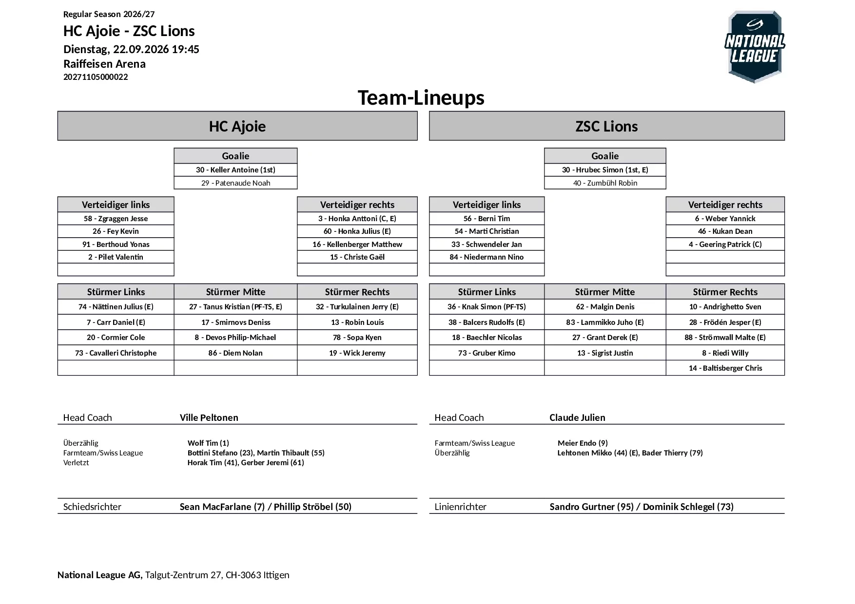 Formation des équipes et joueurs indisponibles pour le match HC Ajoie vs ZSC Lions