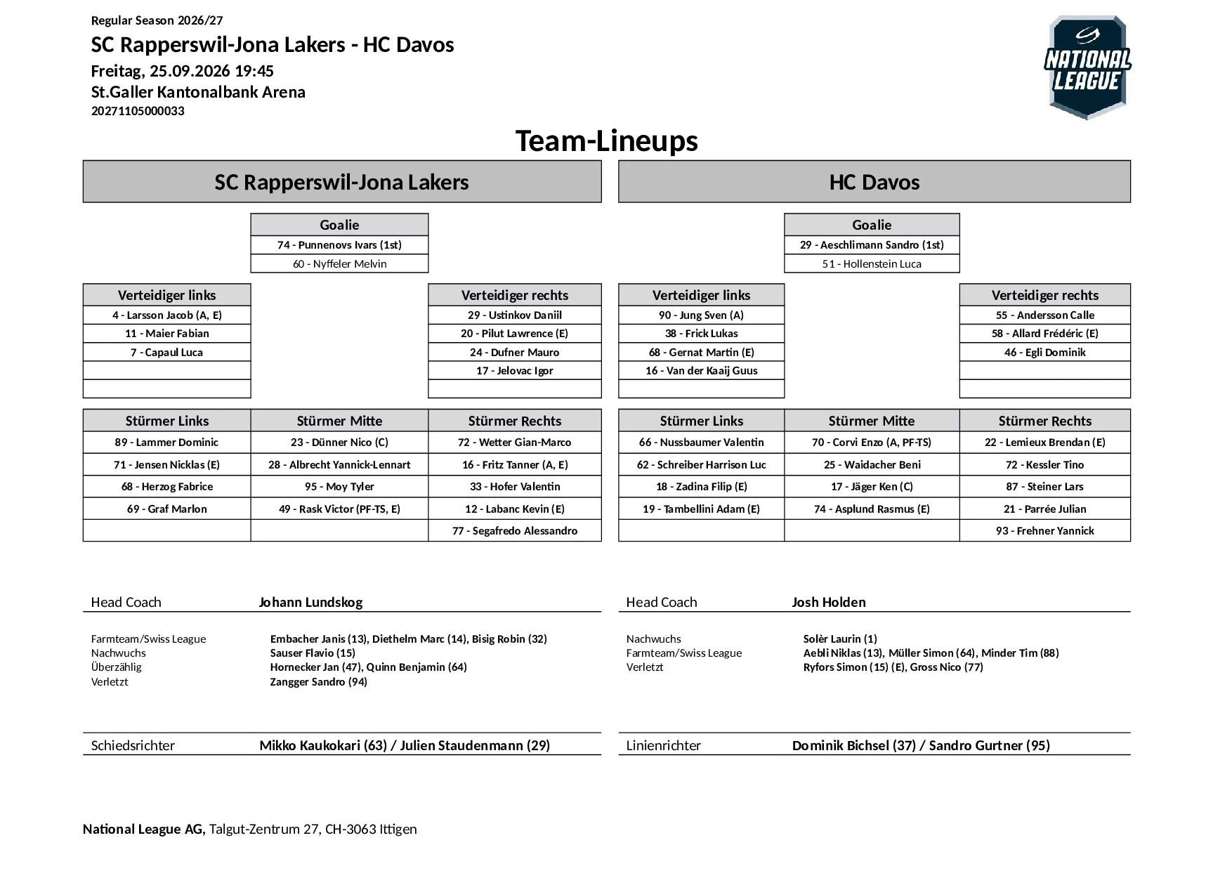Formation des équipes et joueurs indisponibles pour le match SC Rapperswil-Jona Lakers vs HC Davos