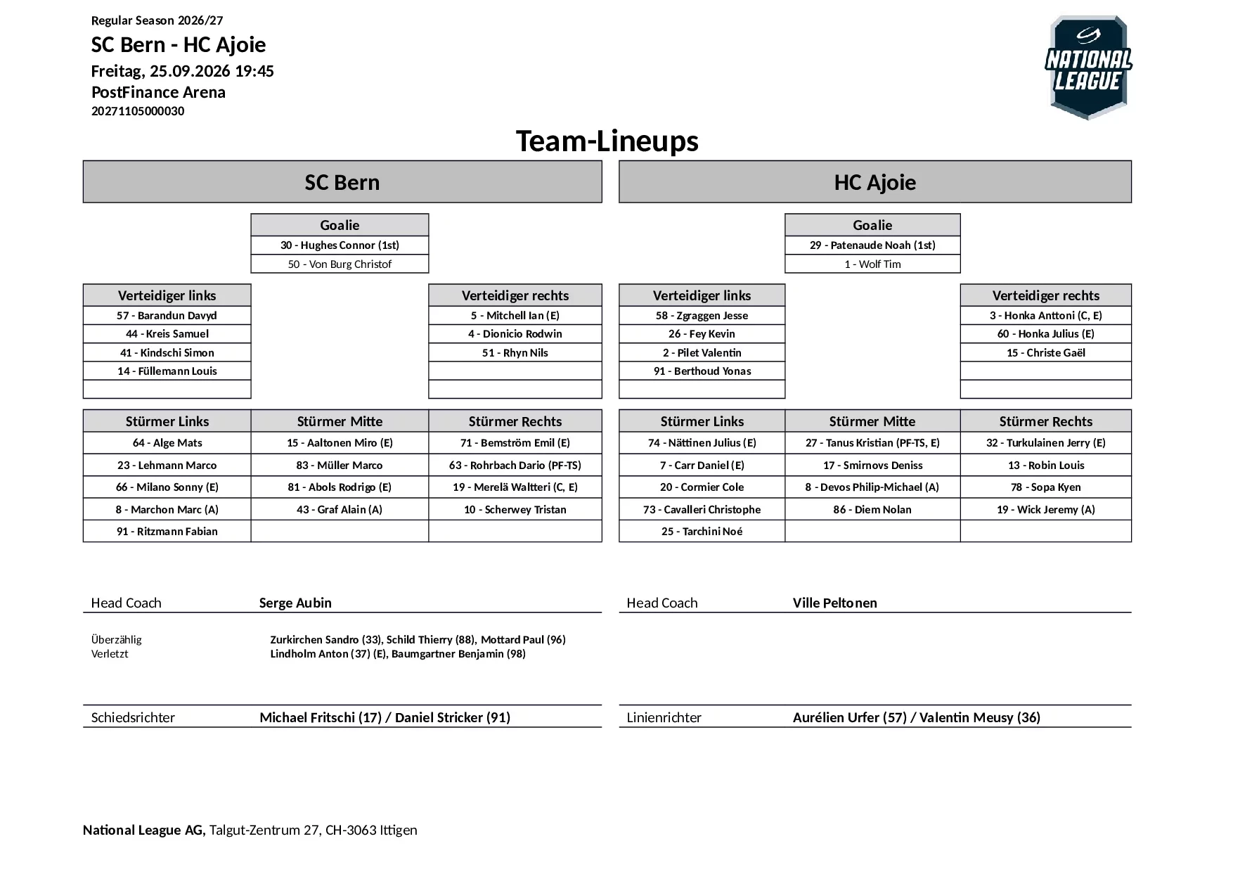 Formation des équipes et joueurs indisponibles pour le match SC Bern vs HC Ajoie