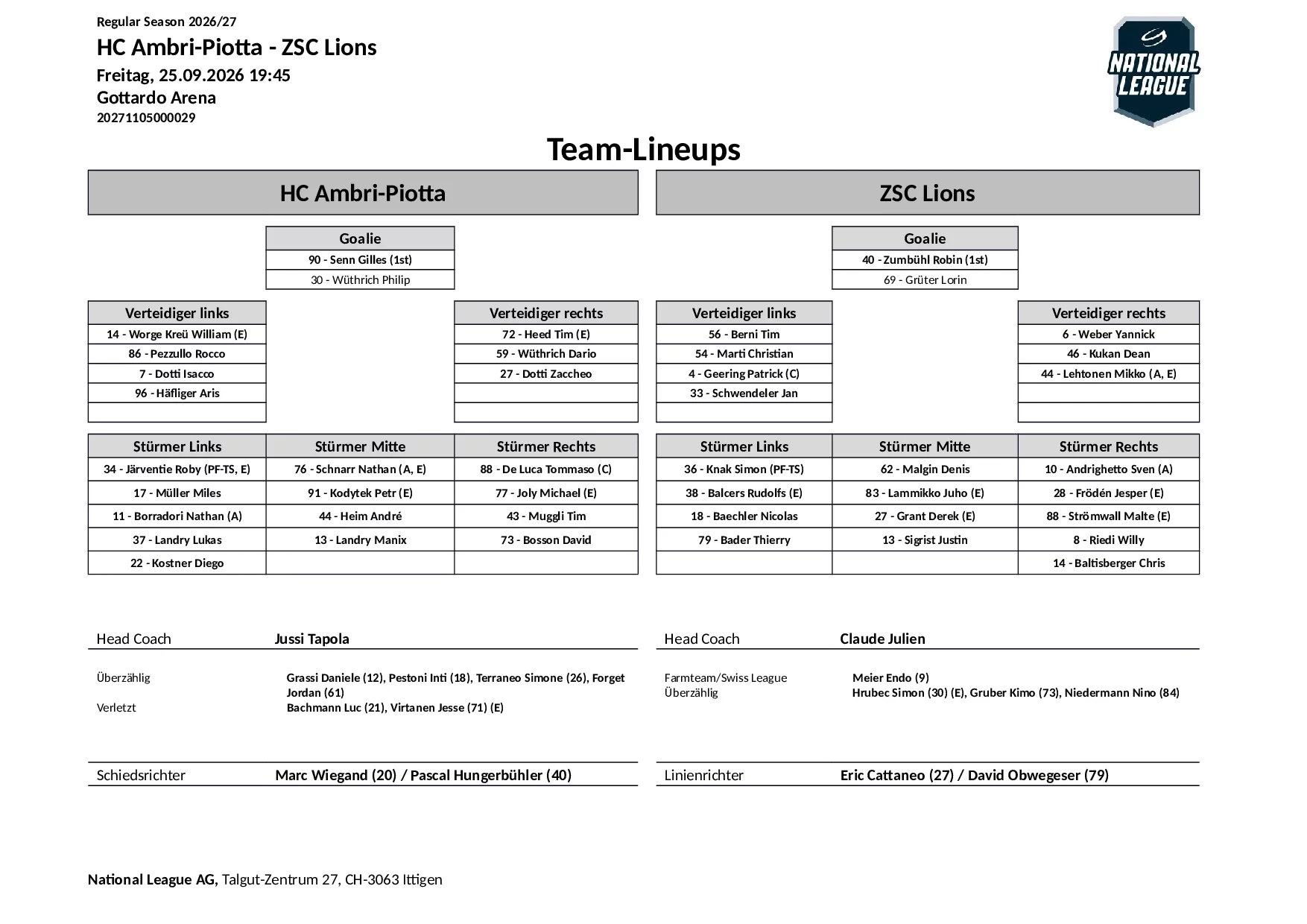 Formation des équipes et joueurs indisponibles pour le match HC Ambri-Piotta vs ZSC Lions