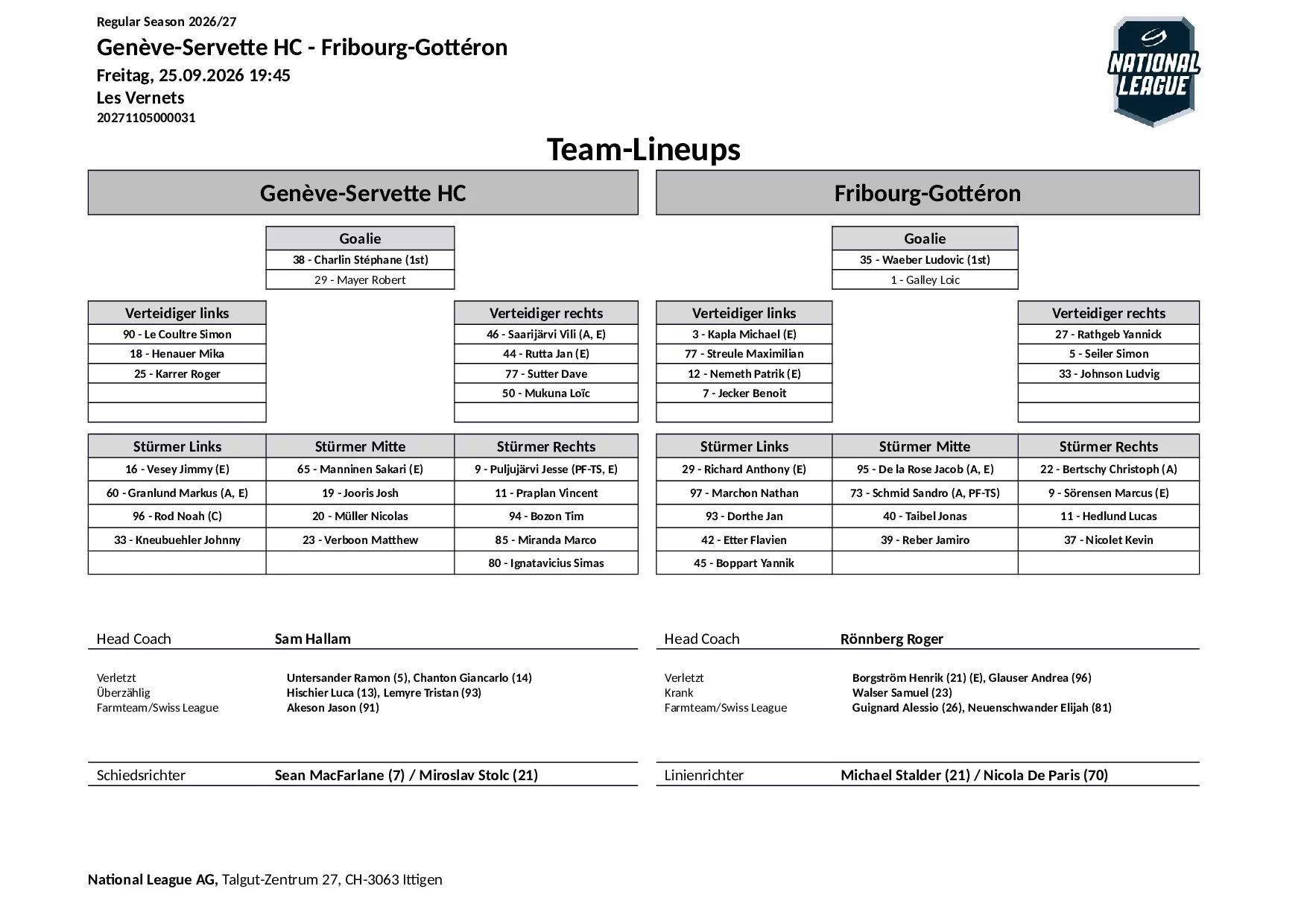 Formation des équipes et joueurs indisponibles pour le match Genève-Servette HC vs Fribourg-Gottéron