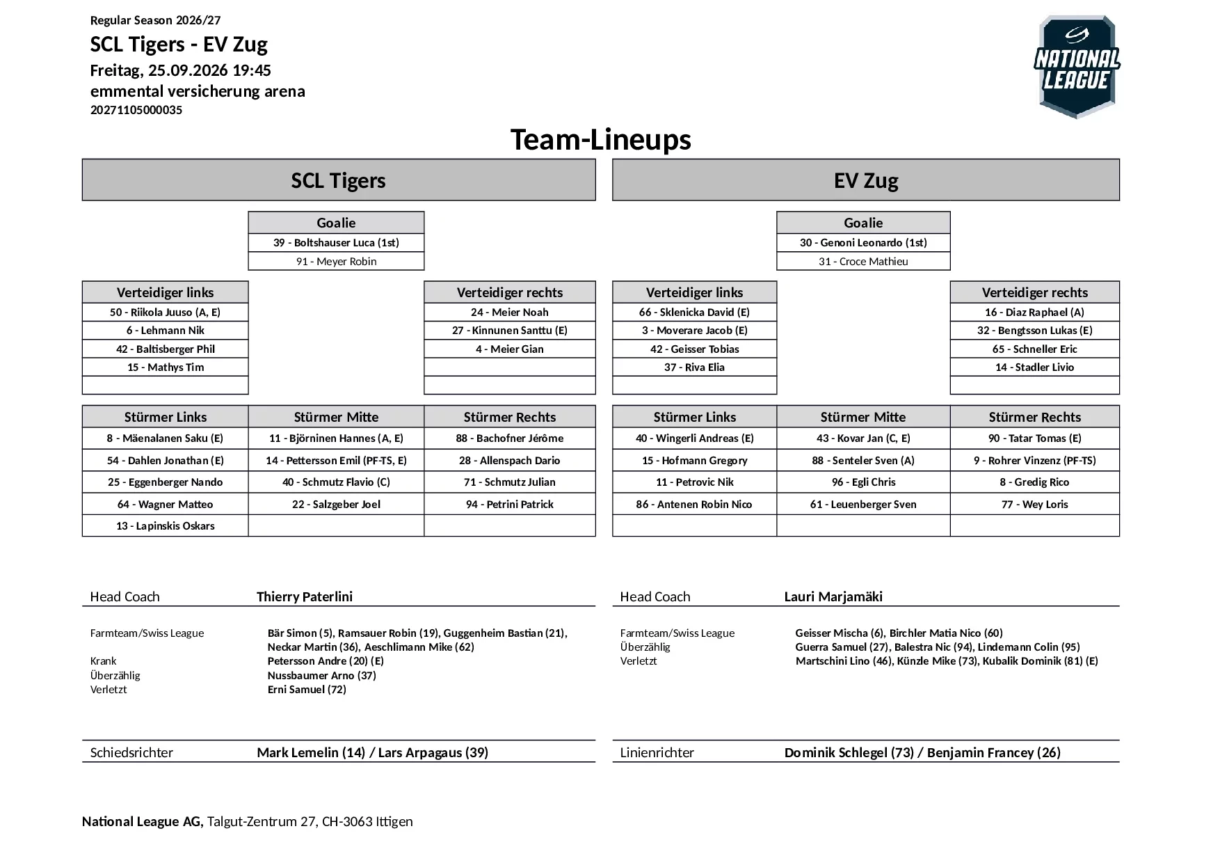 Formation des équipes et joueurs indisponibles pour le match SCL Tigers vs EV Zug