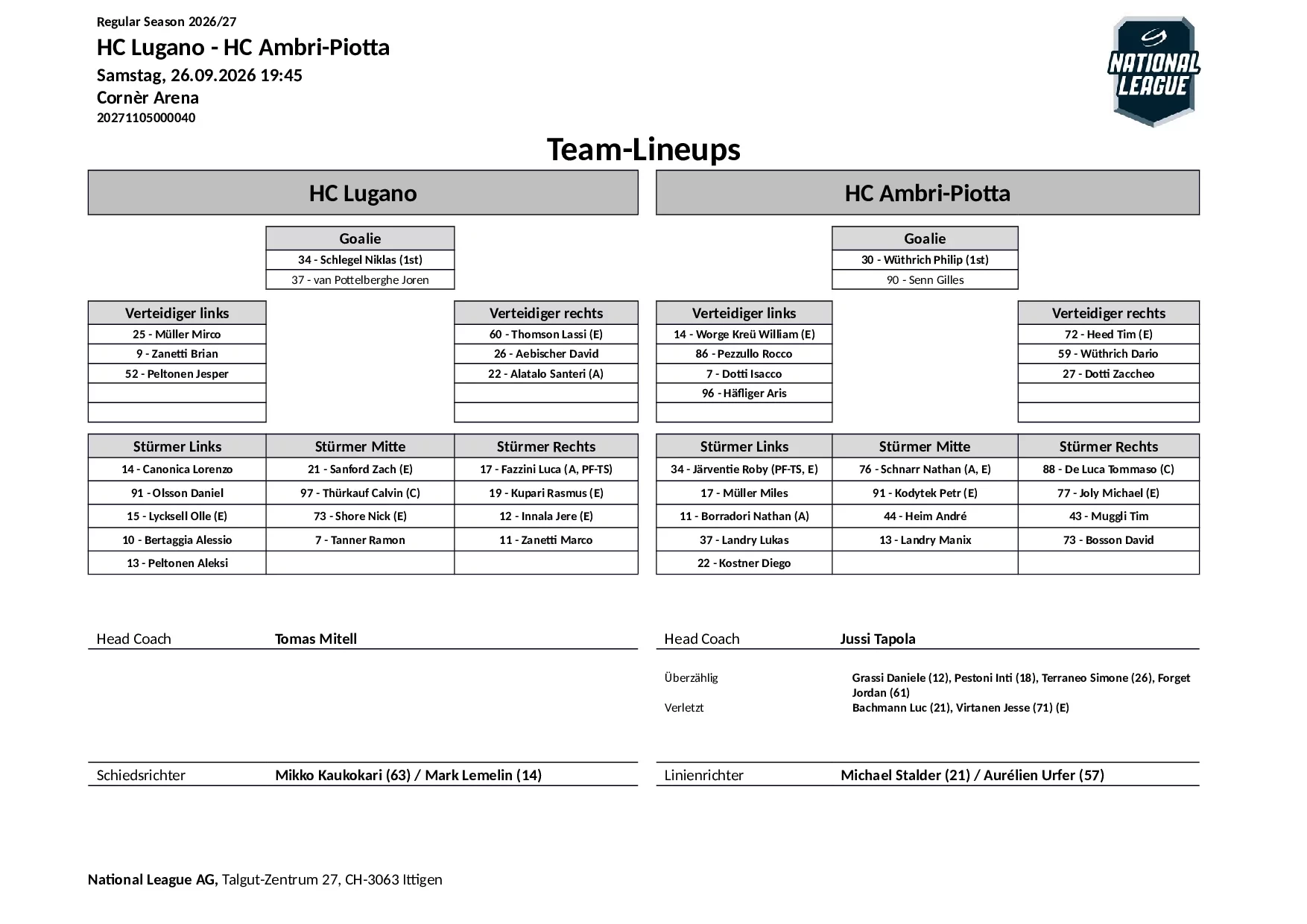 Formation des équipes et joueurs indisponibles pour le match HC Lugano vs HC Ambri-Piotta
