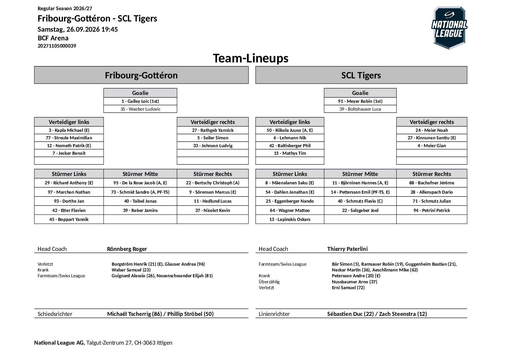 Formation des équipes et joueurs indisponibles pour le match Fribourg-Gottéron vs SCL Tigers