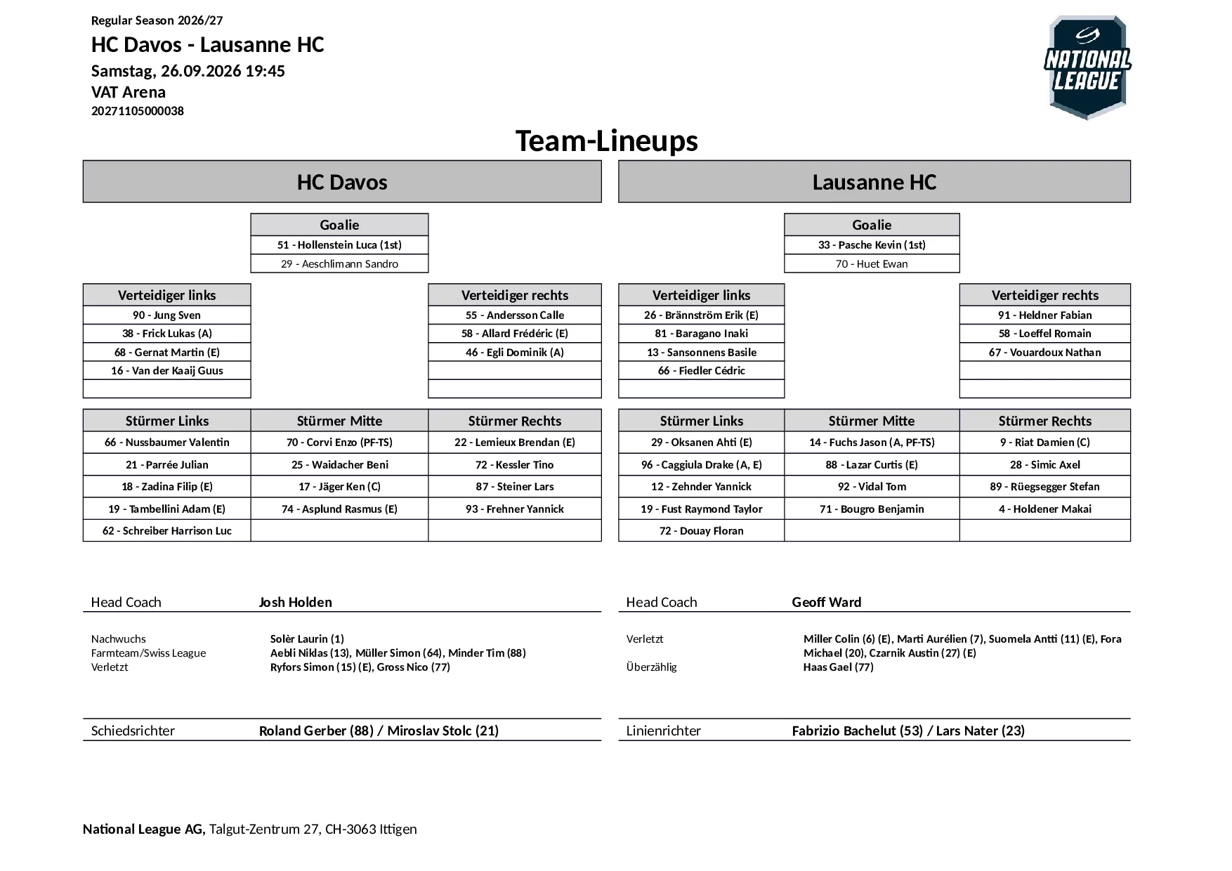 Formation des équipes et joueurs indisponibles pour le match HC Davos vs Lausanne HC