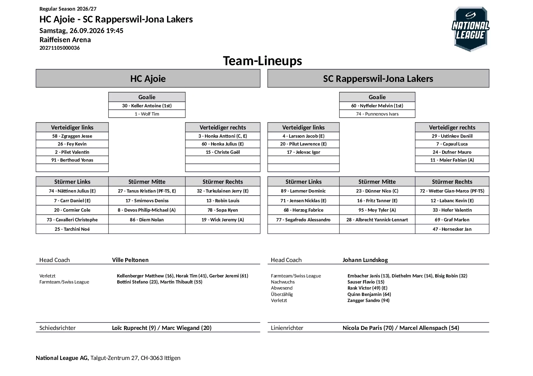 Formation des équipes et joueurs indisponibles pour le match HC Ajoie vs SC Rapperswil-Jona Lakers