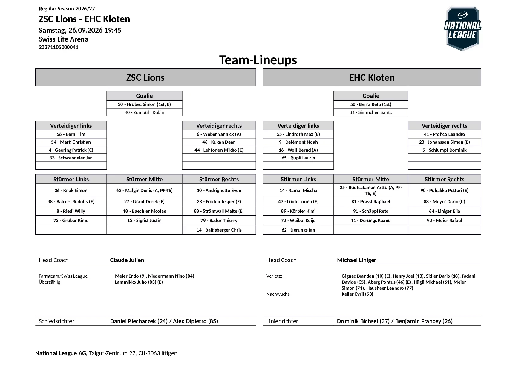 Formation des équipes et joueurs indisponibles pour le match ZSC Lions vs EHC Kloten