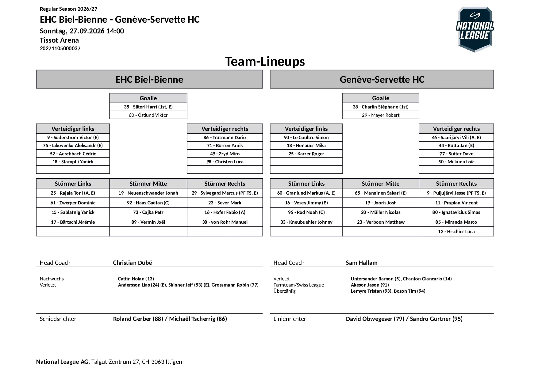 Formation des équipes et joueurs indisponibles pour le match EHC Biel-Bienne vs Genève-Servette HC