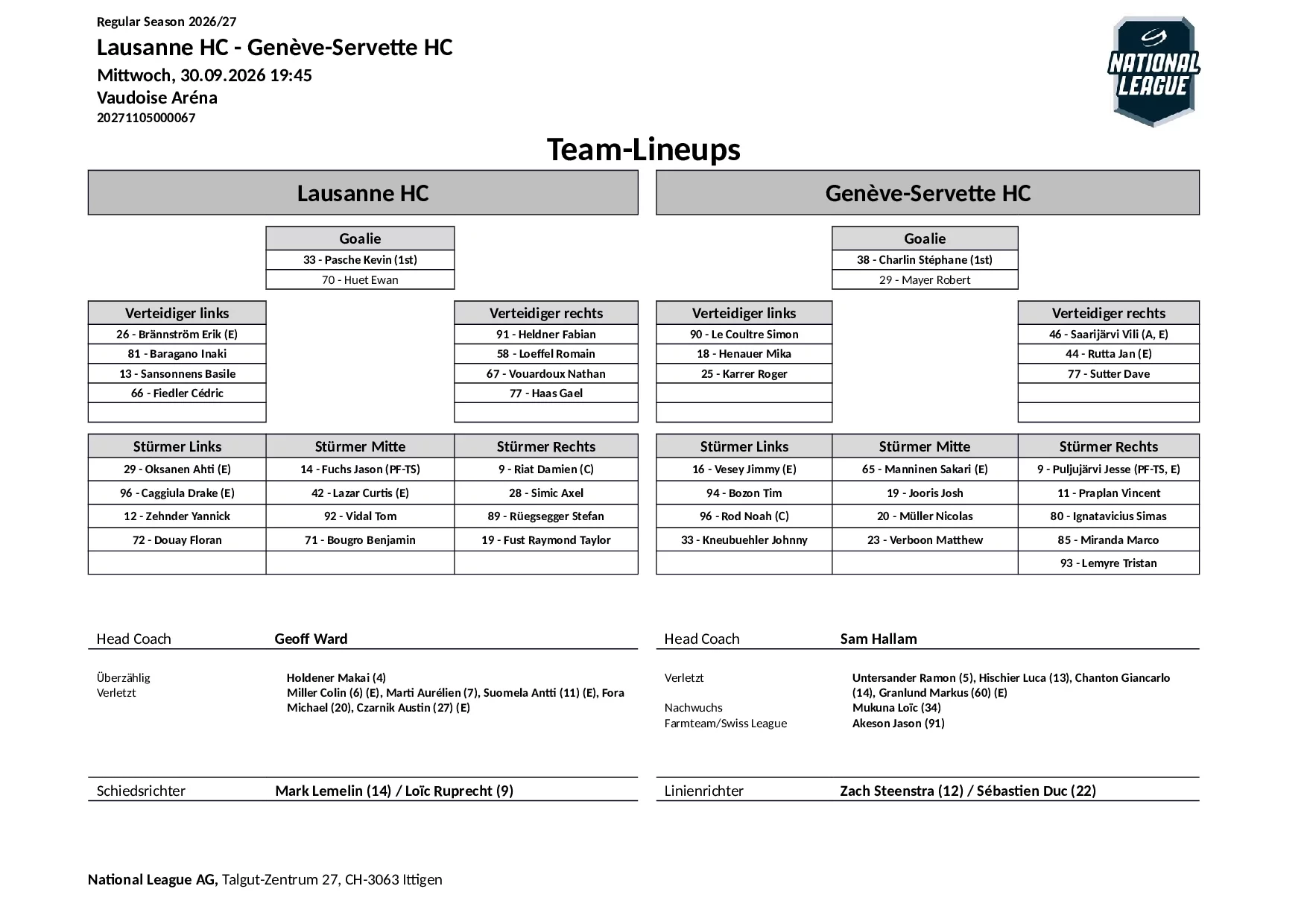 Formation des équipes et joueurs indisponibles pour le match Lausanne HC vs Genève-Servette HC