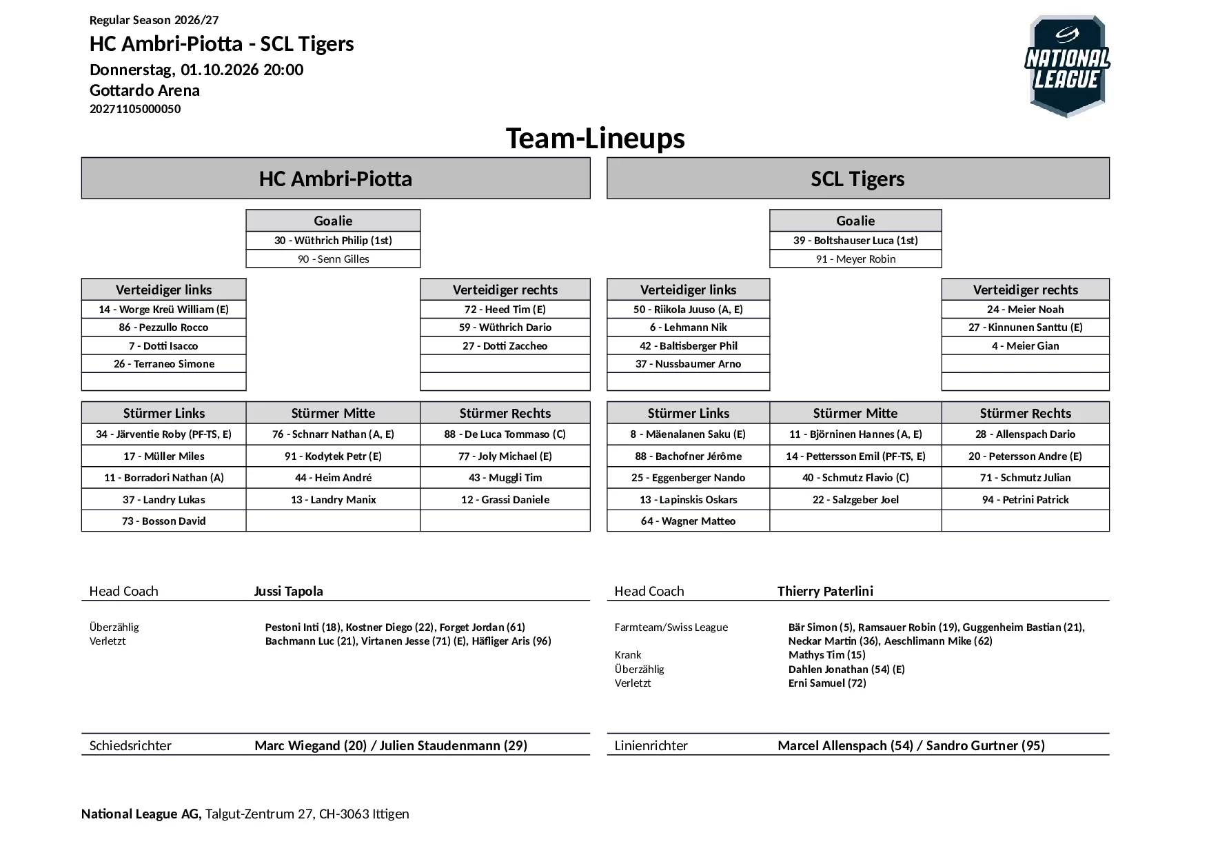 Formation des équipes et joueurs indisponibles pour le match HC Ambri-Piotta vs SCL Tigers