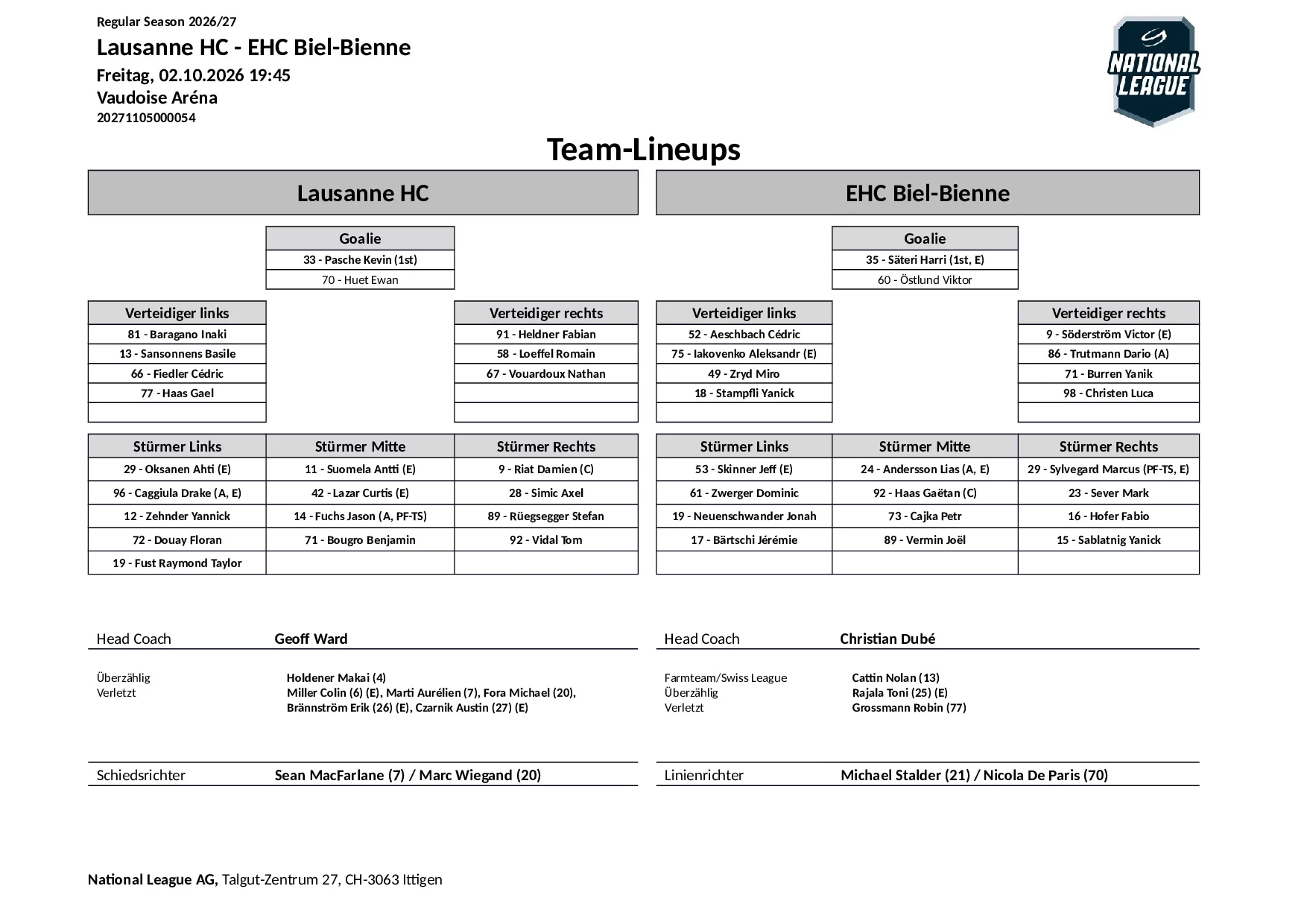 Formation des équipes et joueurs indisponibles pour le match Lausanne HC vs EHC Biel-Bienne
