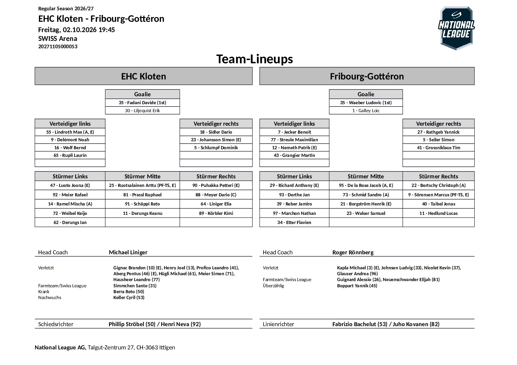 Formation des équipes et joueurs indisponibles pour le match EHC Kloten vs Fribourg-Gottéron
