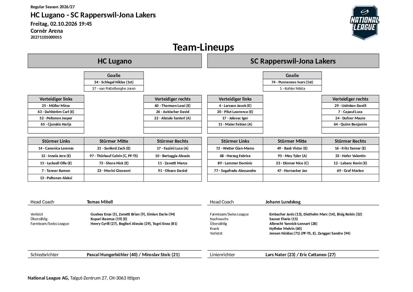 Formation des équipes et joueurs indisponibles pour le match HC Lugano vs SC Rapperswil-Jona Lakers