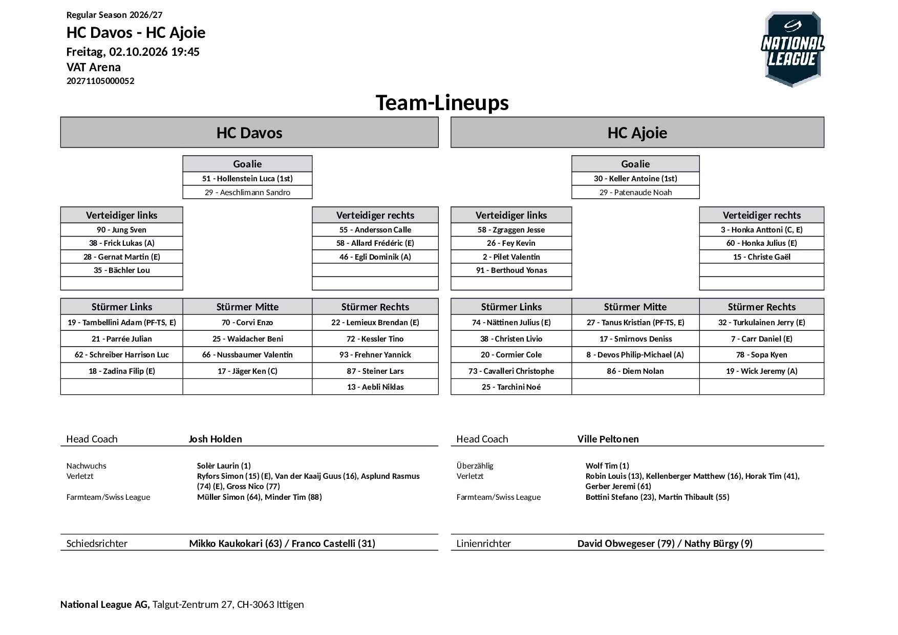 Formation des équipes et joueurs indisponibles pour le match HC Davos vs HC Ajoie