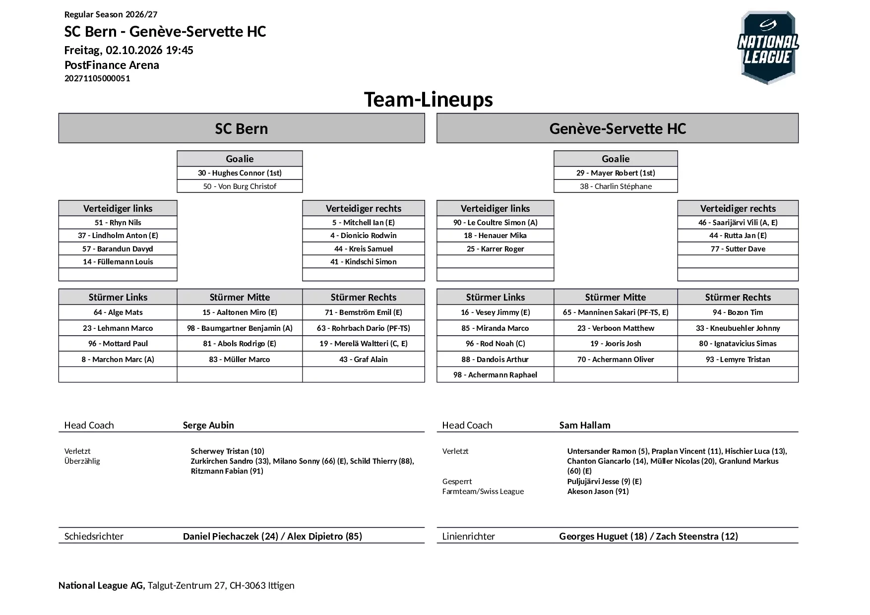 Formation des équipes et joueurs indisponibles pour le match SC Bern vs Genève-Servette HC