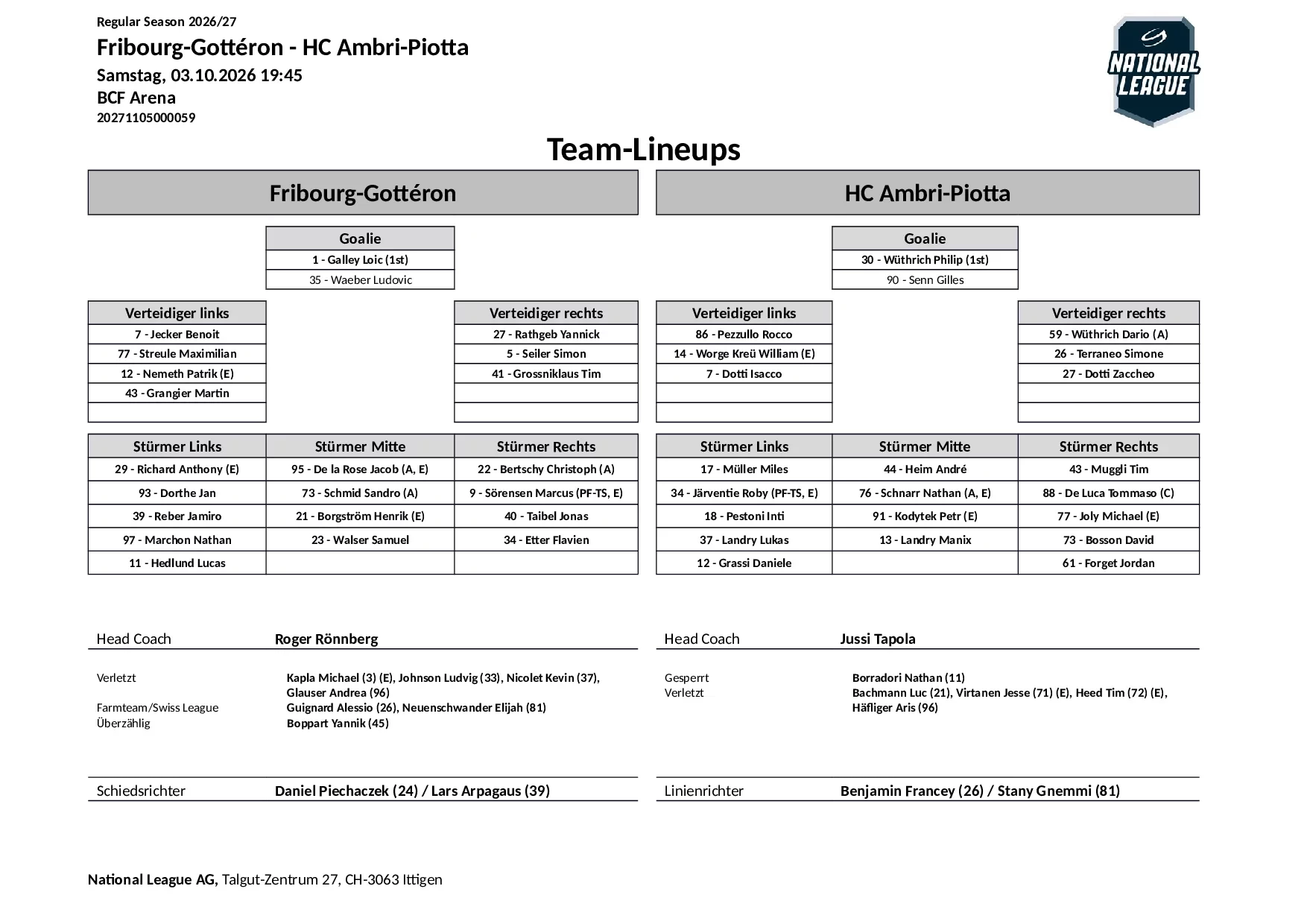 Formation des équipes et joueurs indisponibles pour le match Fribourg-Gottéron vs HC Ambri-Piotta