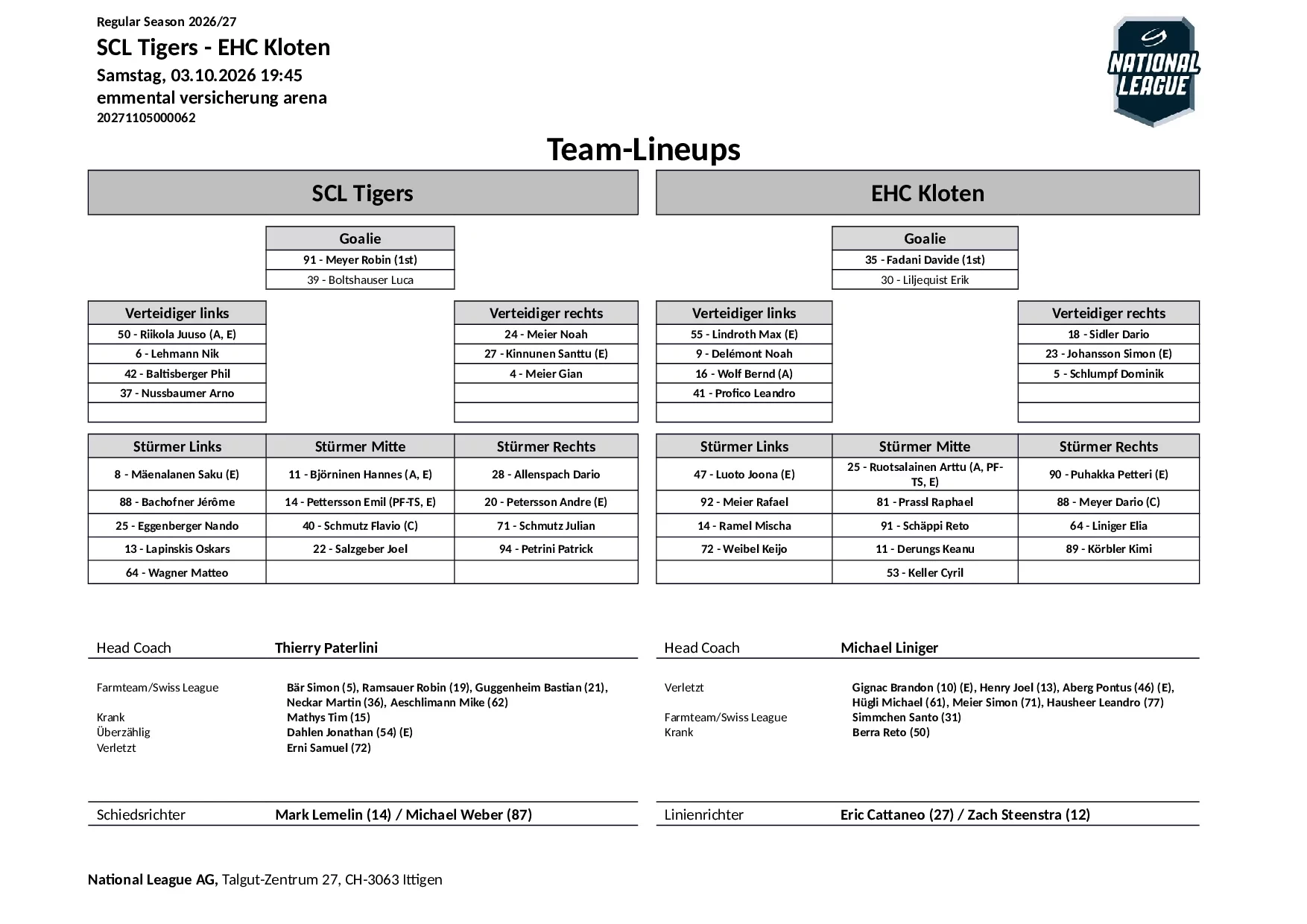 Formation des équipes et joueurs indisponibles pour le match SCL Tigers vs EHC Kloten