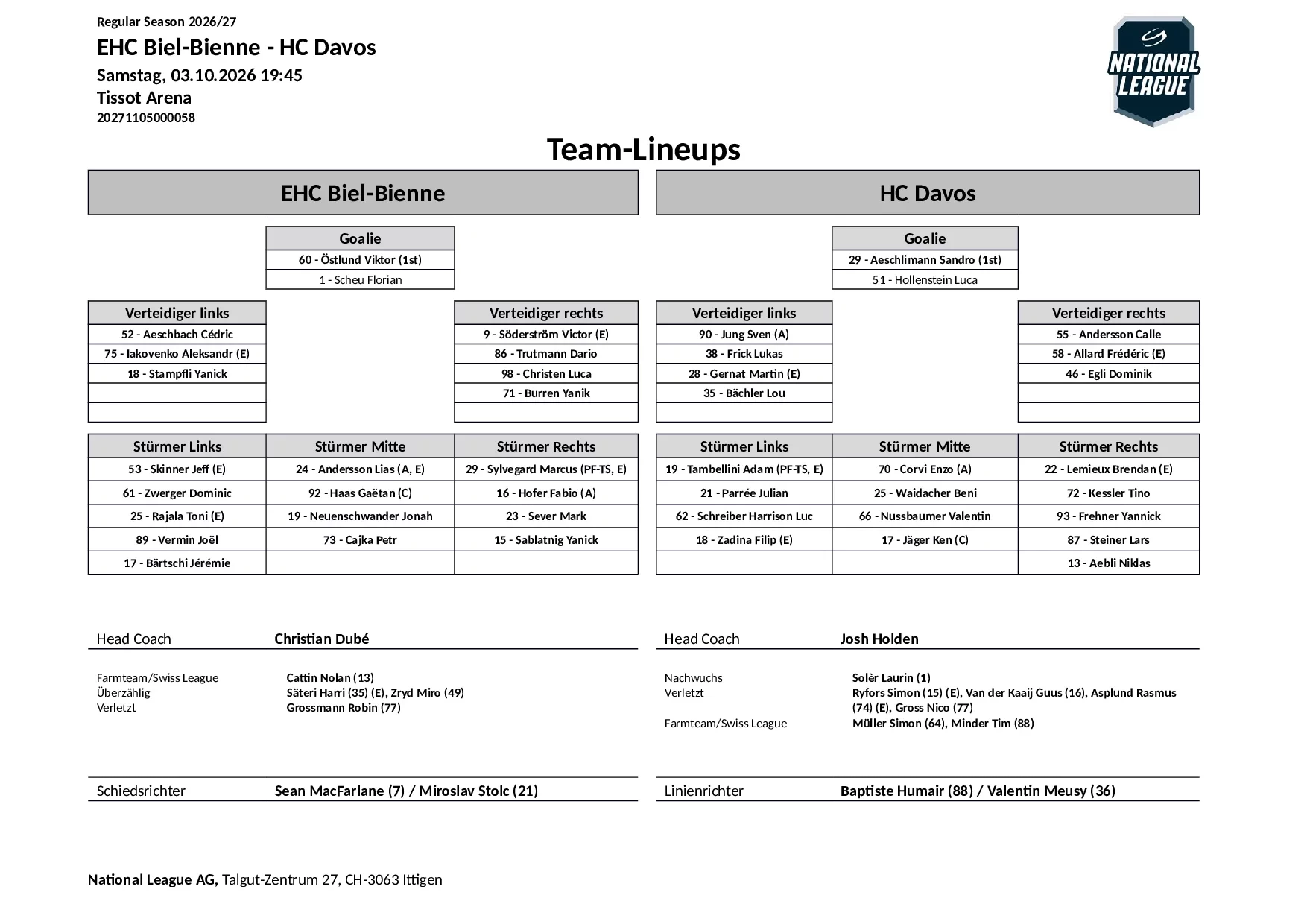 Formation des équipes et joueurs indisponibles pour le match EHC Biel-Bienne vs HC Davos