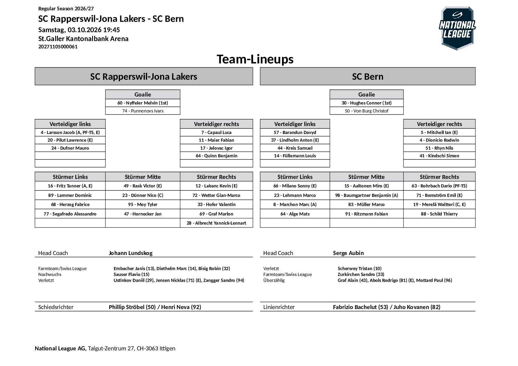 Formation des équipes et joueurs indisponibles pour le match SC Rapperswil-Jona Lakers vs SC Bern