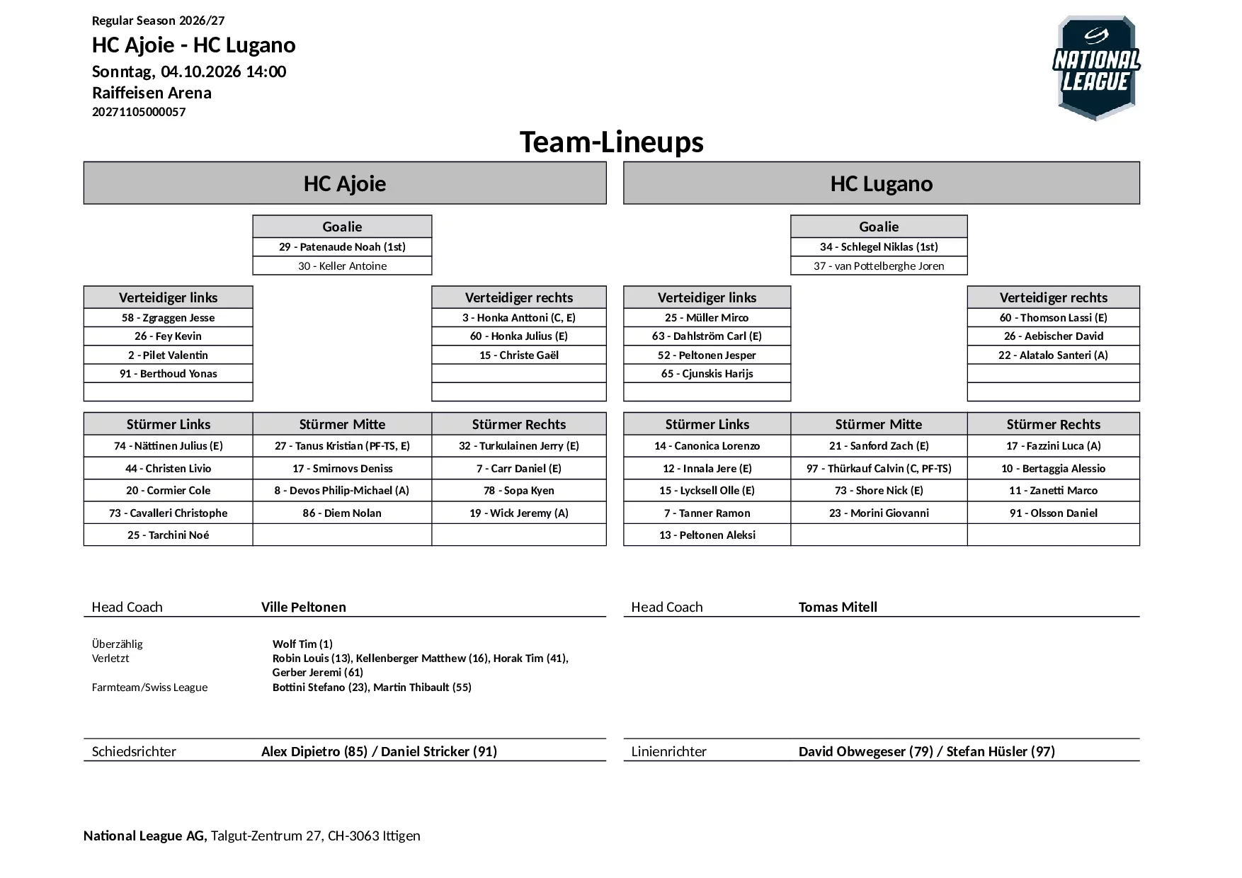 Formation des équipes et joueurs indisponibles pour le match HC Ajoie vs HC Lugano