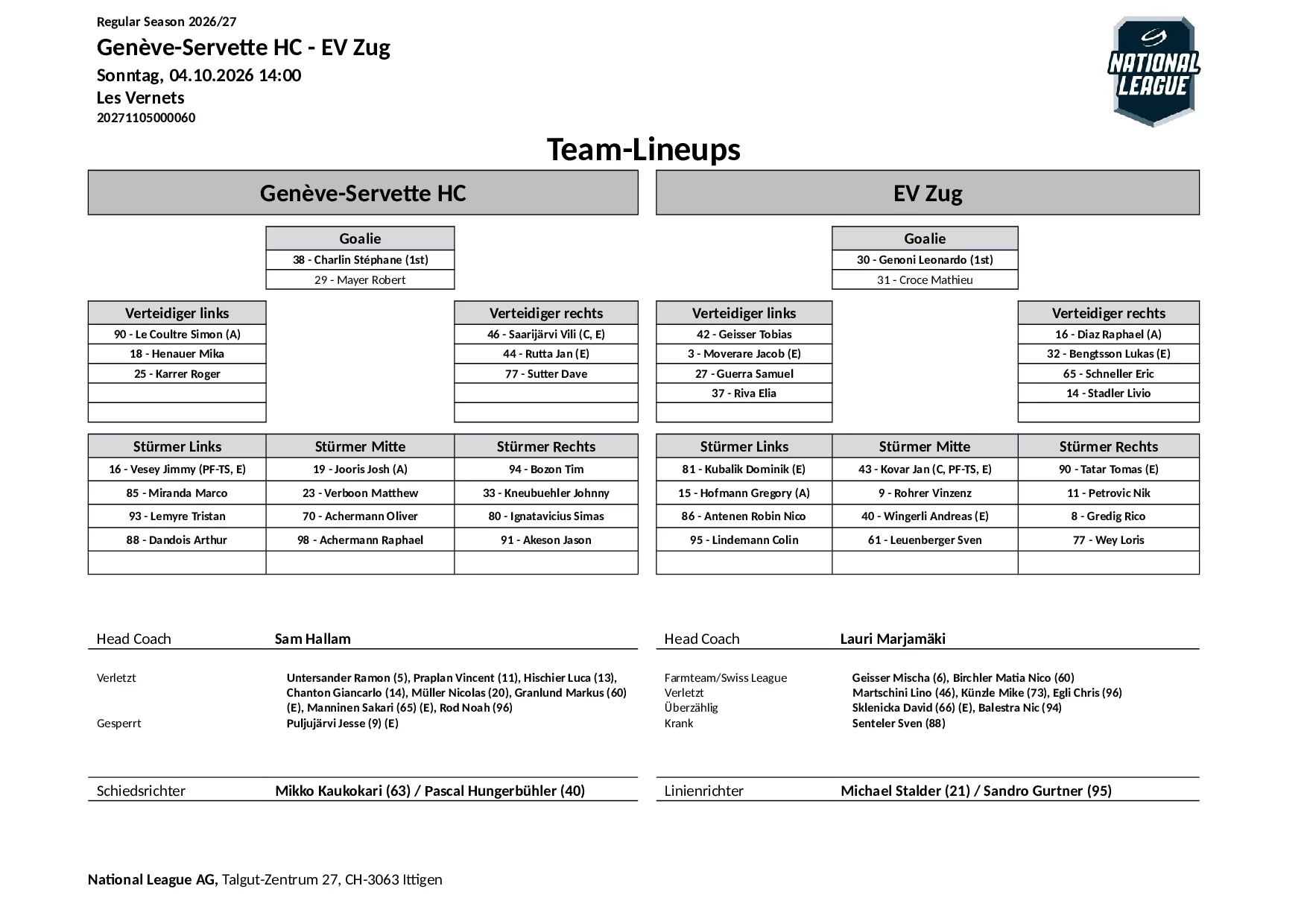 Formation des équipes et joueurs indisponibles pour le match Genève-Servette HC vs EV Zug