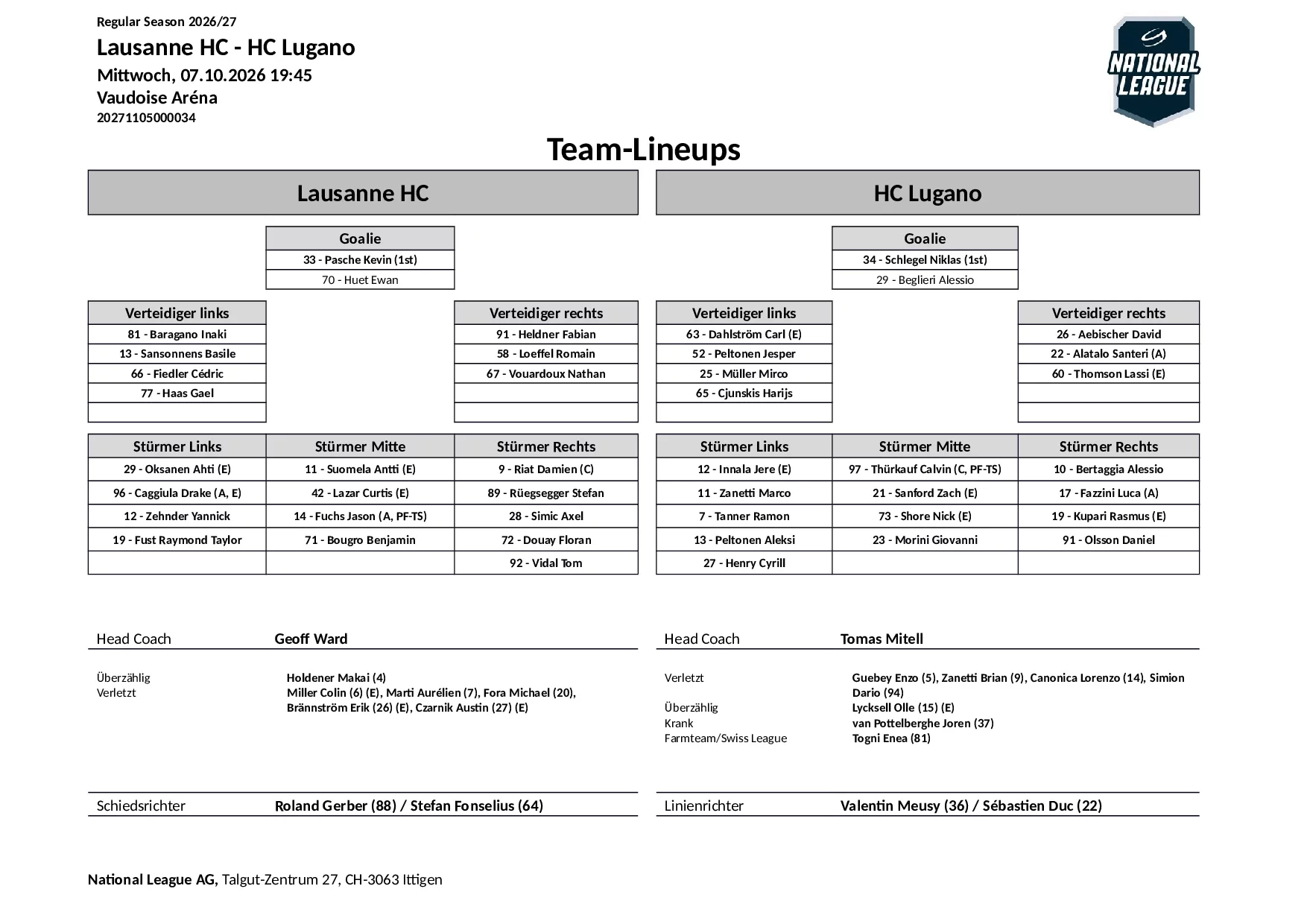 Formation des équipes et joueurs indisponibles pour le match Lausanne HC vs HC Lugano