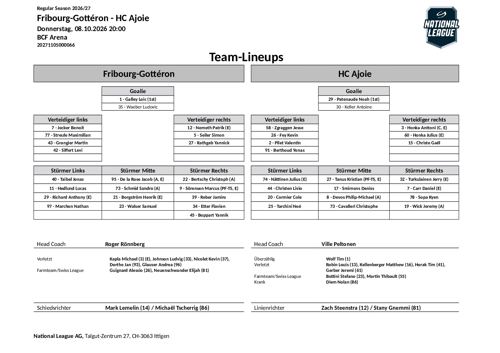 Formation des équipes et joueurs indisponibles pour le match Fribourg-Gottéron vs HC Ajoie