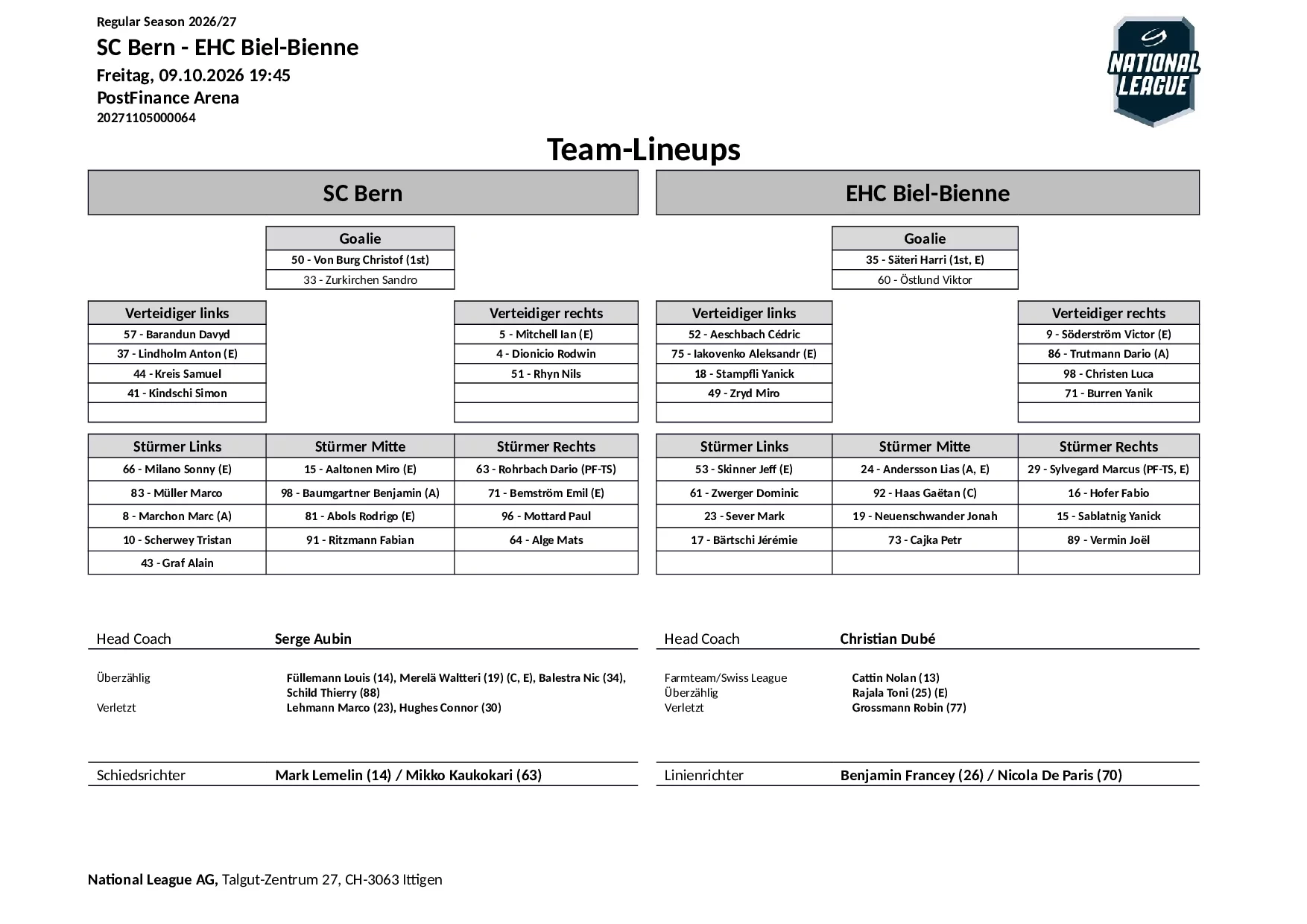 Formation des équipes et joueurs indisponibles pour le match SC Bern vs EHC Biel-Bienne