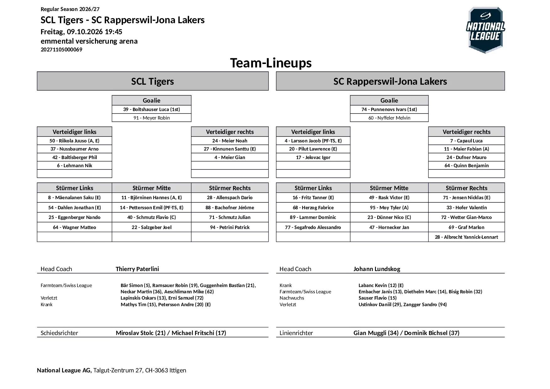 Formation des équipes et joueurs indisponibles pour le match SCL Tigers vs SC Rapperswil-Jona Lakers