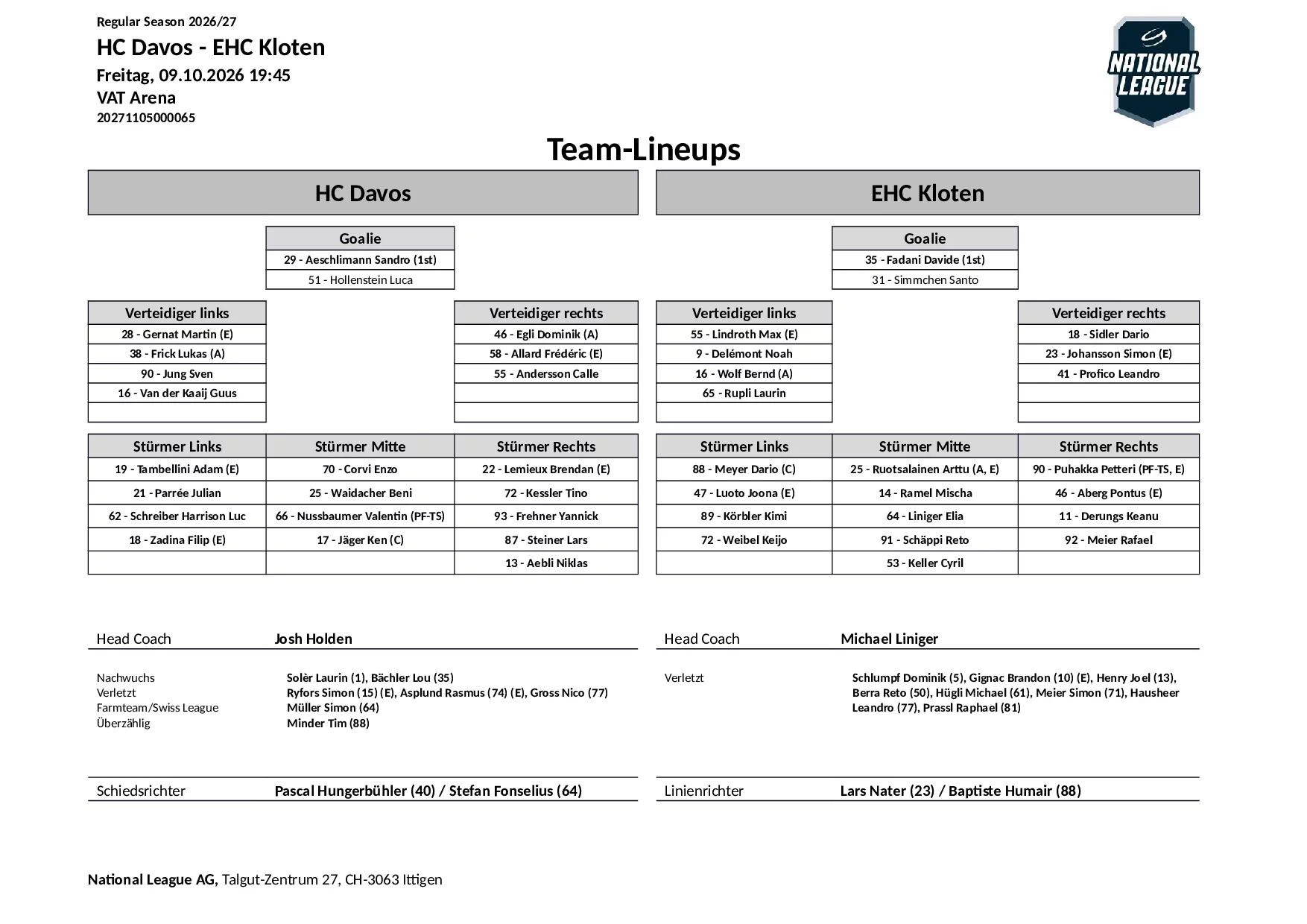 Formation des équipes et joueurs indisponibles pour le match HC Davos vs EHC Kloten