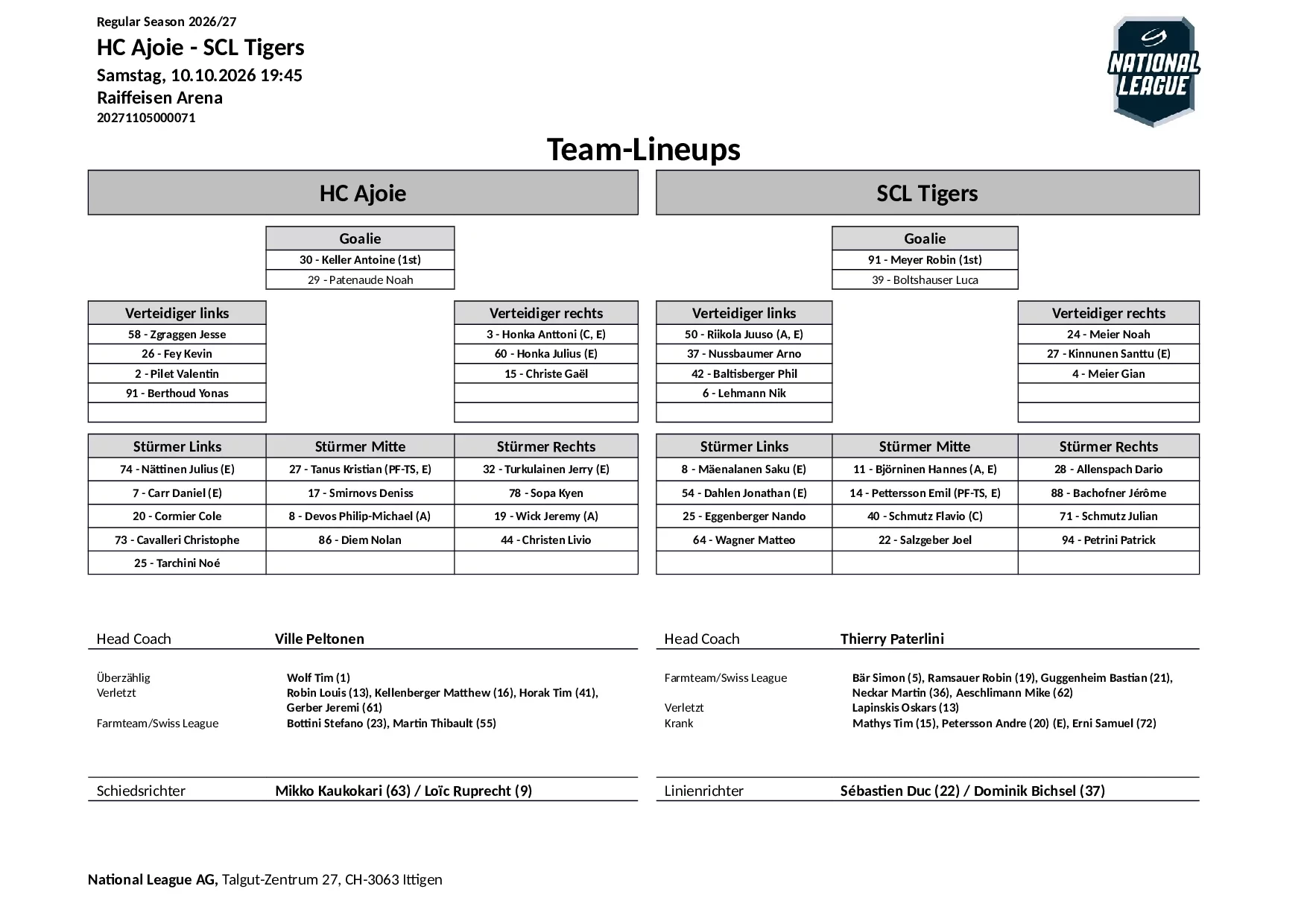 Formation des équipes et joueurs indisponibles pour le match HC Ajoie vs SCL Tigers