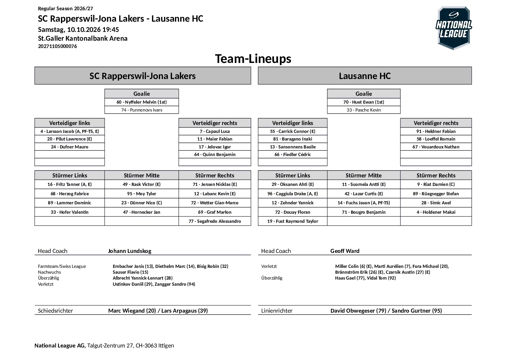 Formation des équipes et joueurs indisponibles pour le match SC Rapperswil-Jona Lakers vs Lausanne HC