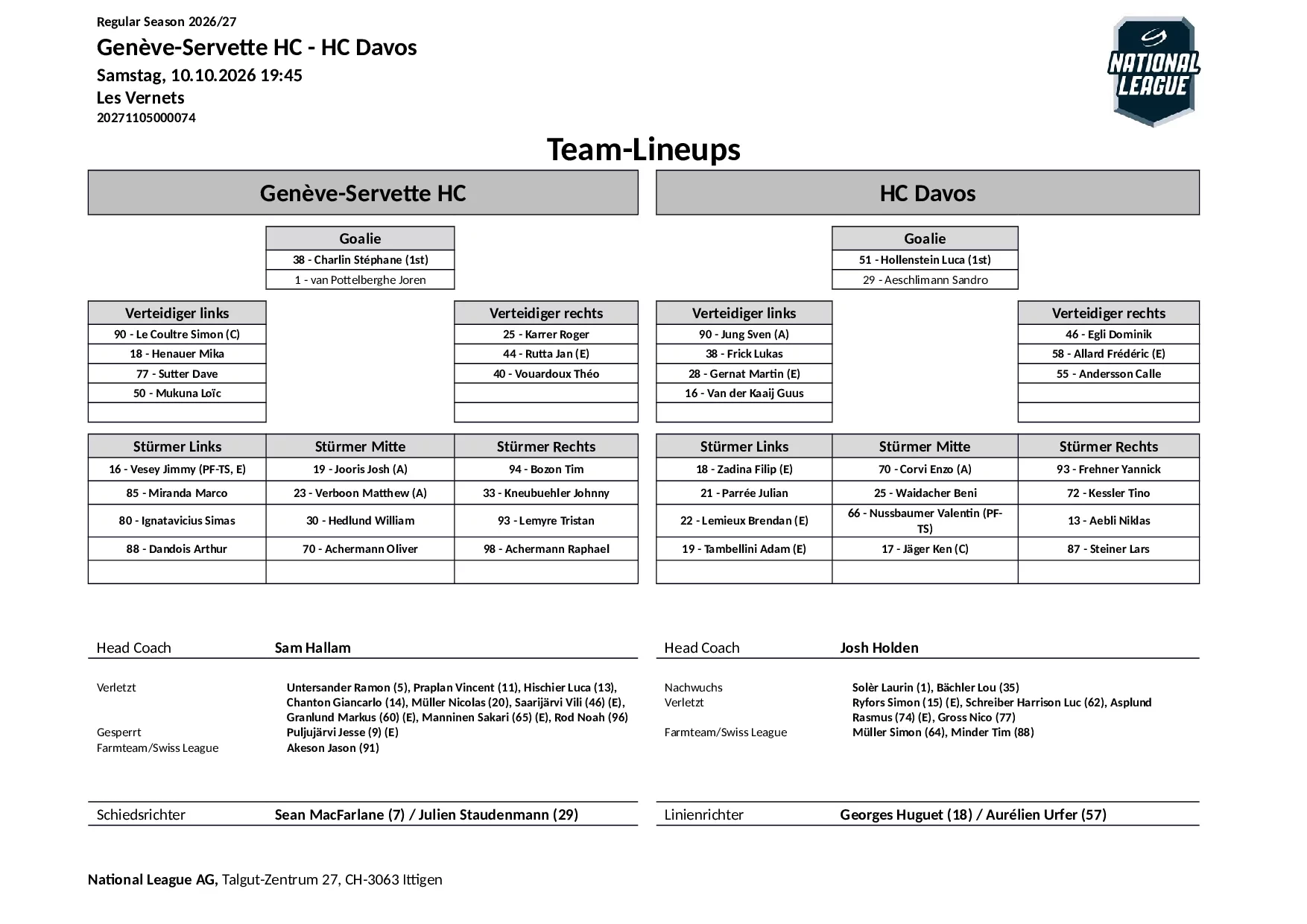 Formation des équipes et joueurs indisponibles pour le match Genève-Servette HC vs HC Davos