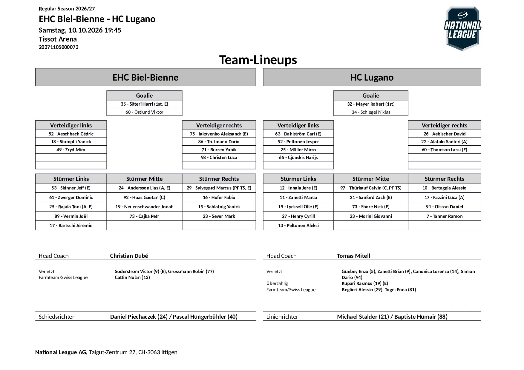 Formation des équipes et joueurs indisponibles pour le match EHC Biel-Bienne vs HC Lugano