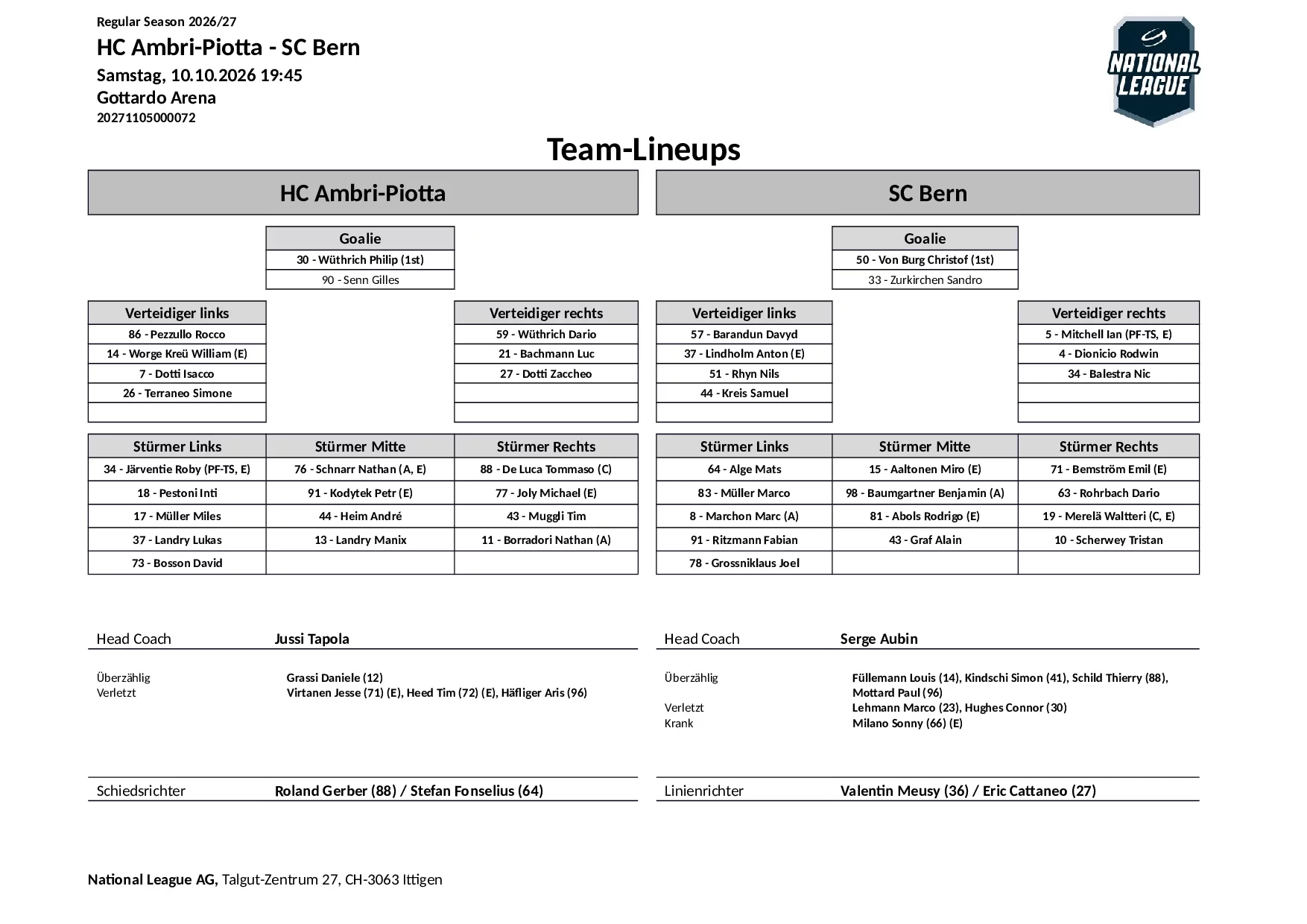 Formation des équipes et joueurs indisponibles pour le match HC Ambri-Piotta vs SC Bern