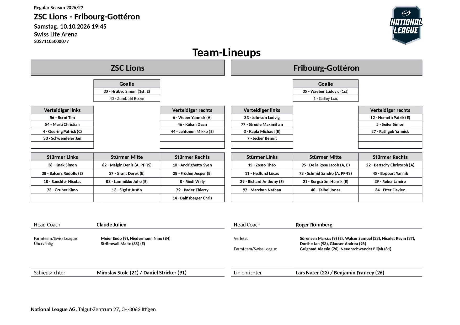 Formation des équipes et joueurs indisponibles pour le match ZSC Lions vs Fribourg-Gottéron