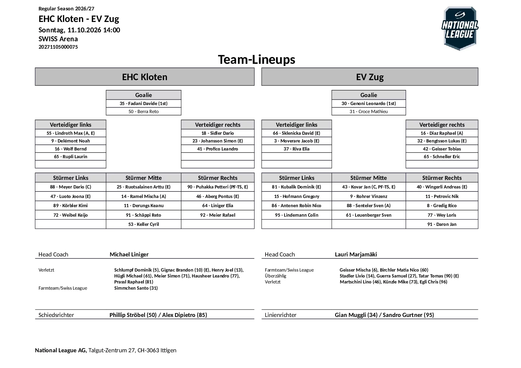 Formation des équipes et joueurs indisponibles pour le match EHC Kloten vs EV Zug
