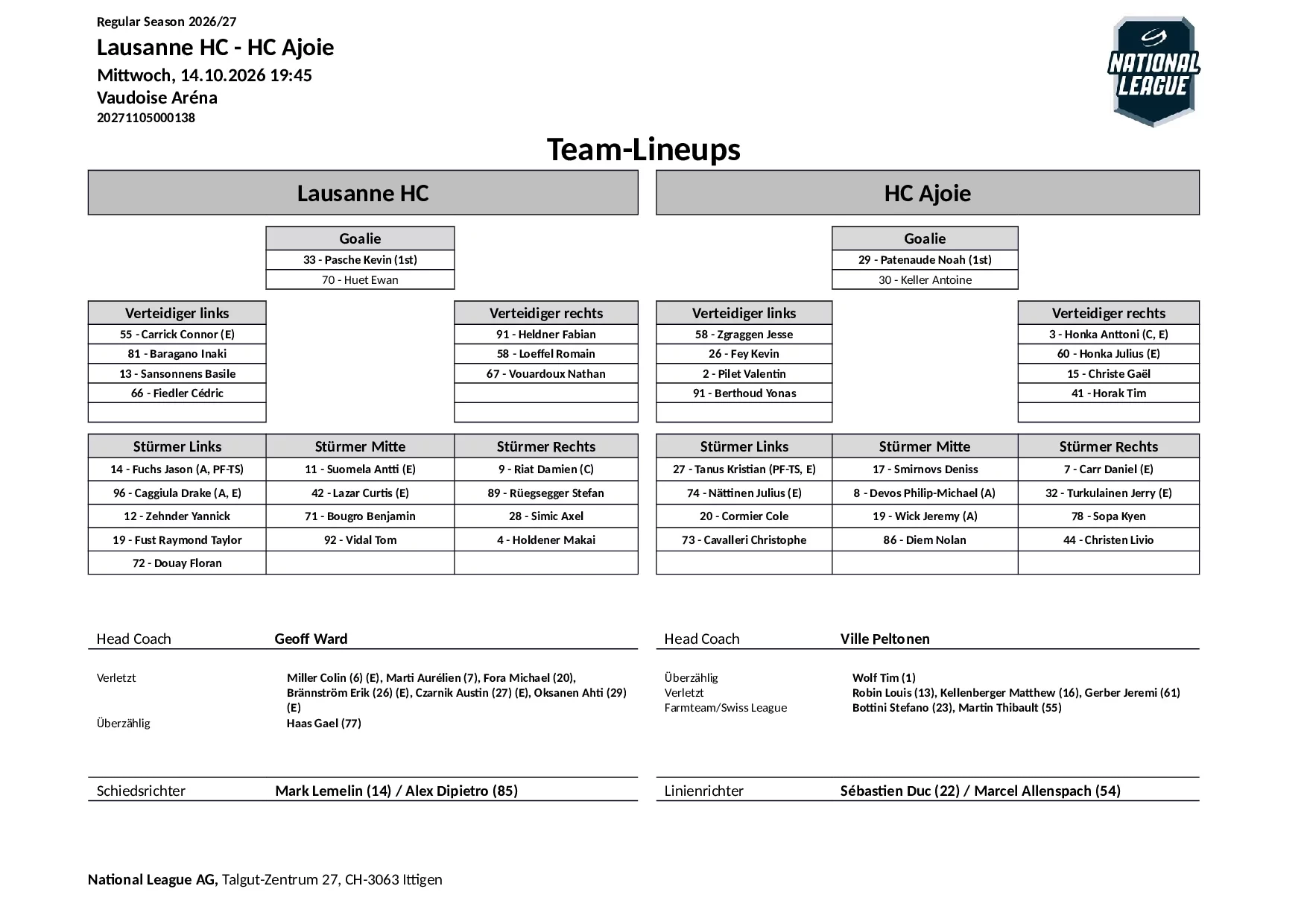Formation des équipes et joueurs indisponibles pour le match Lausanne HC vs HC Ajoie