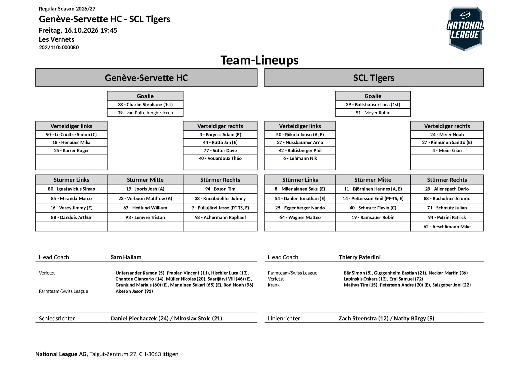 Formation des équipes et joueurs indisponibles pour le match Genève-Servette HC vs SCL Tigers