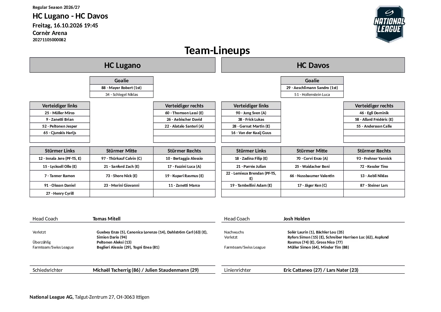 Formation des équipes et joueurs indisponibles pour le match HC Lugano vs HC Davos