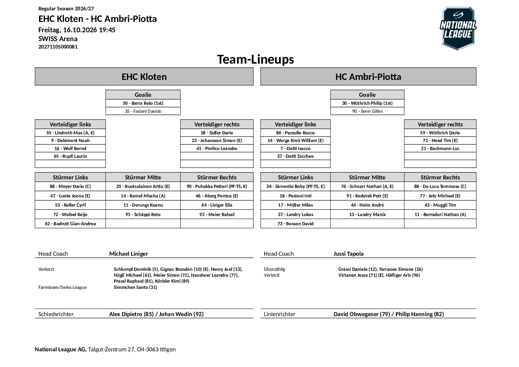 Formation des équipes et joueurs indisponibles pour le match EHC Kloten vs HC Ambri-Piotta