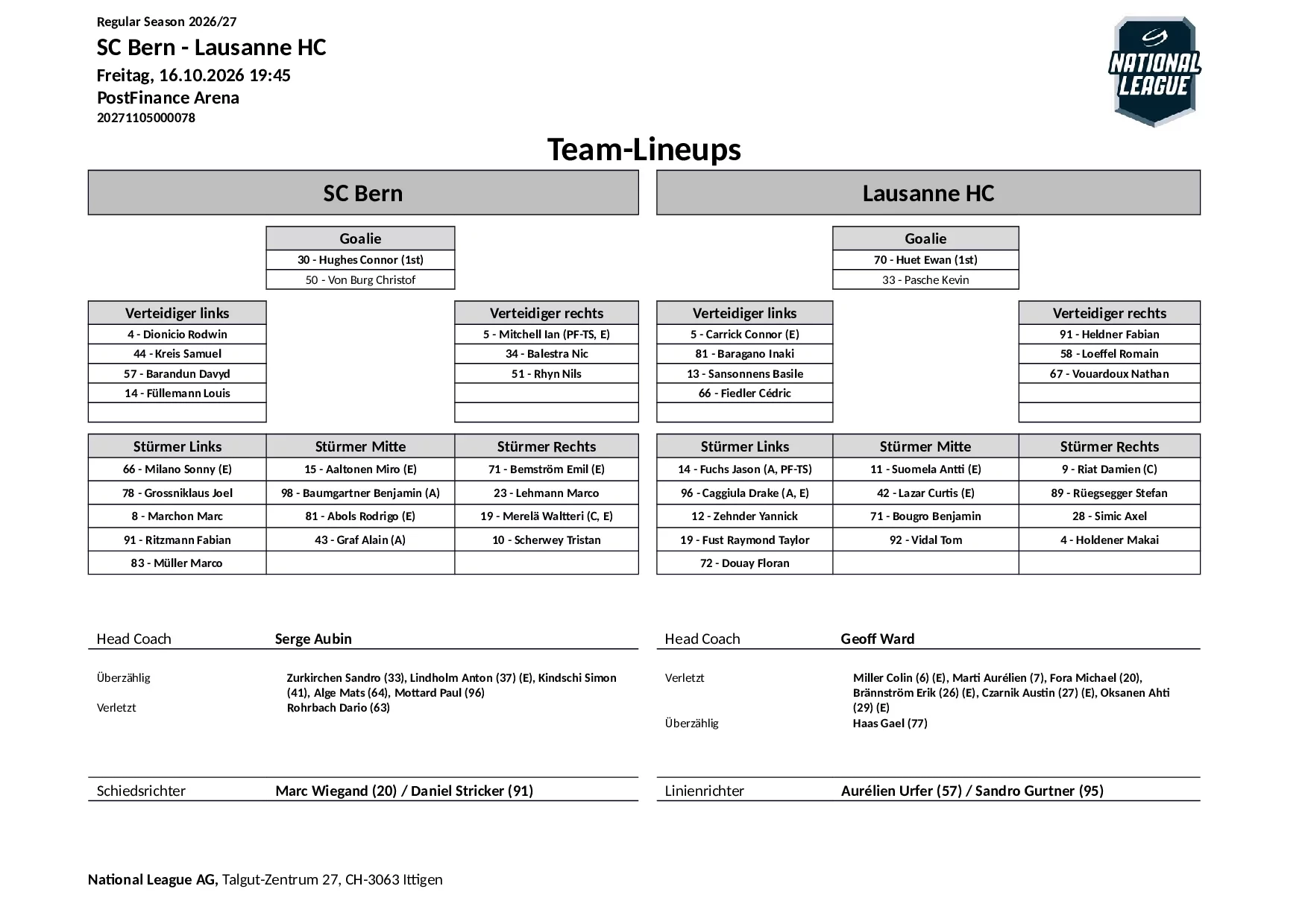 Formation des équipes et joueurs indisponibles pour le match SC Bern vs Lausanne HC