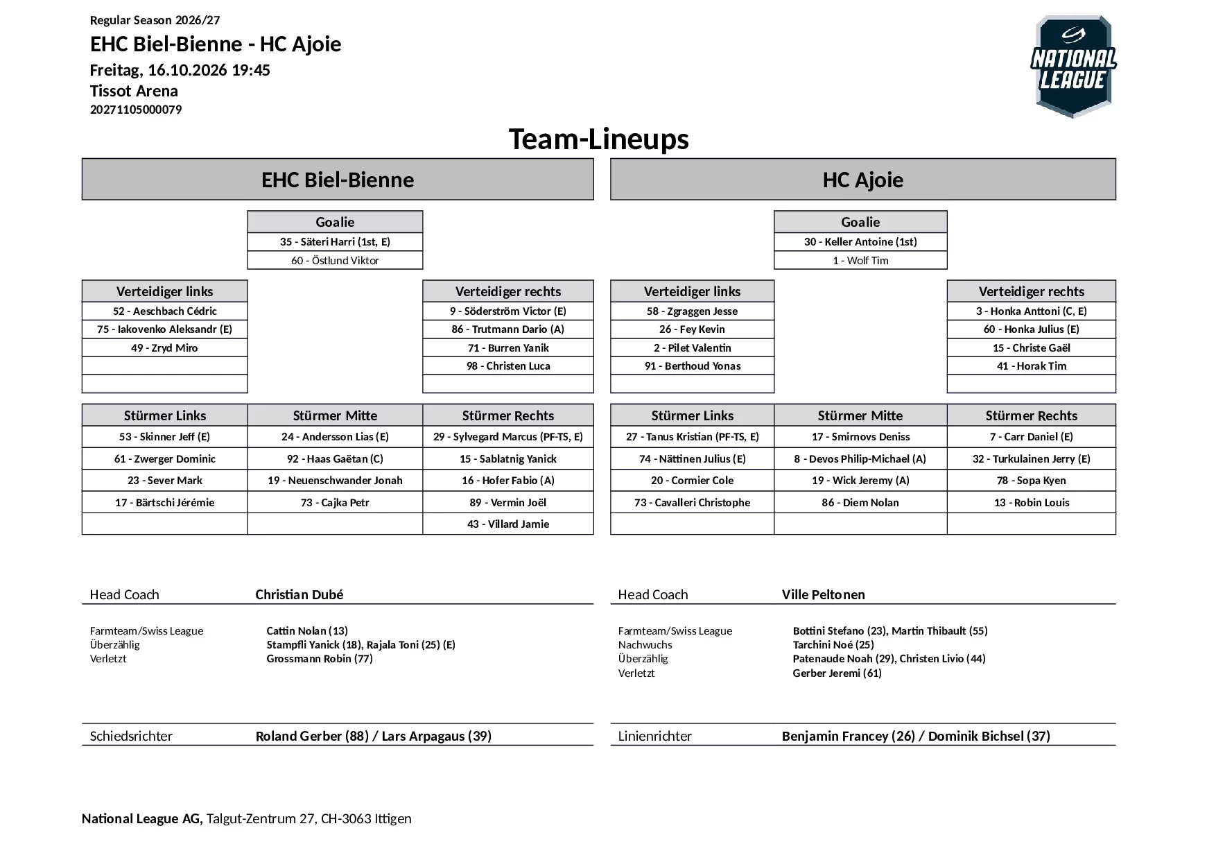 Formation des équipes et joueurs indisponibles pour le match EHC Biel-Bienne vs HC Ajoie