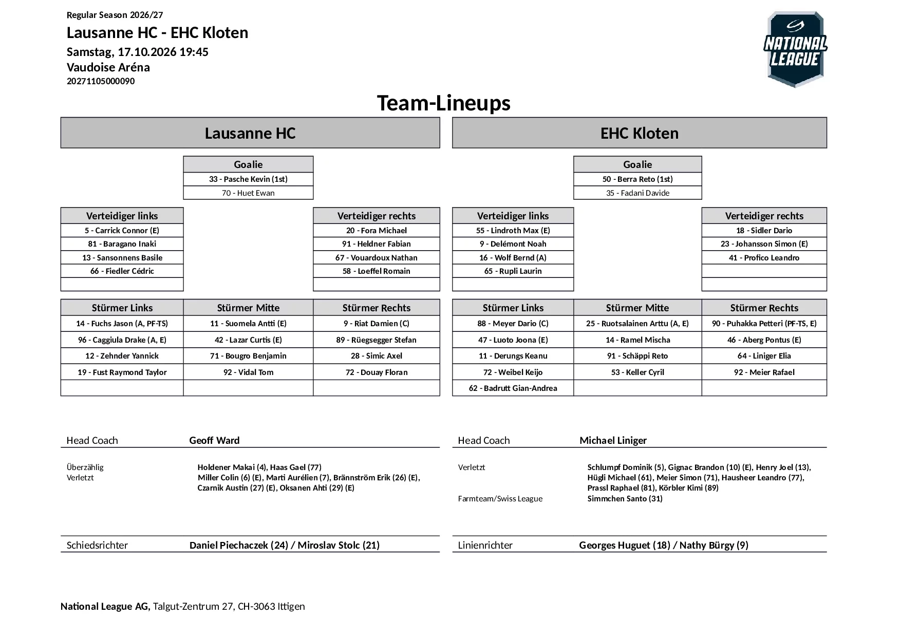 Formation des équipes et joueurs indisponibles pour le match Lausanne HC vs EHC Kloten